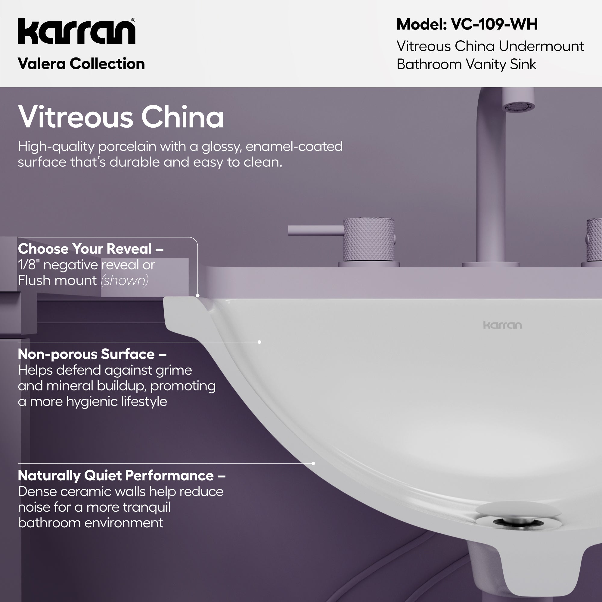 Karran Valera 13.75" x 19.75" Rectangular Undermount Vitreous China Bathroom Sink, White, VC-109-WH