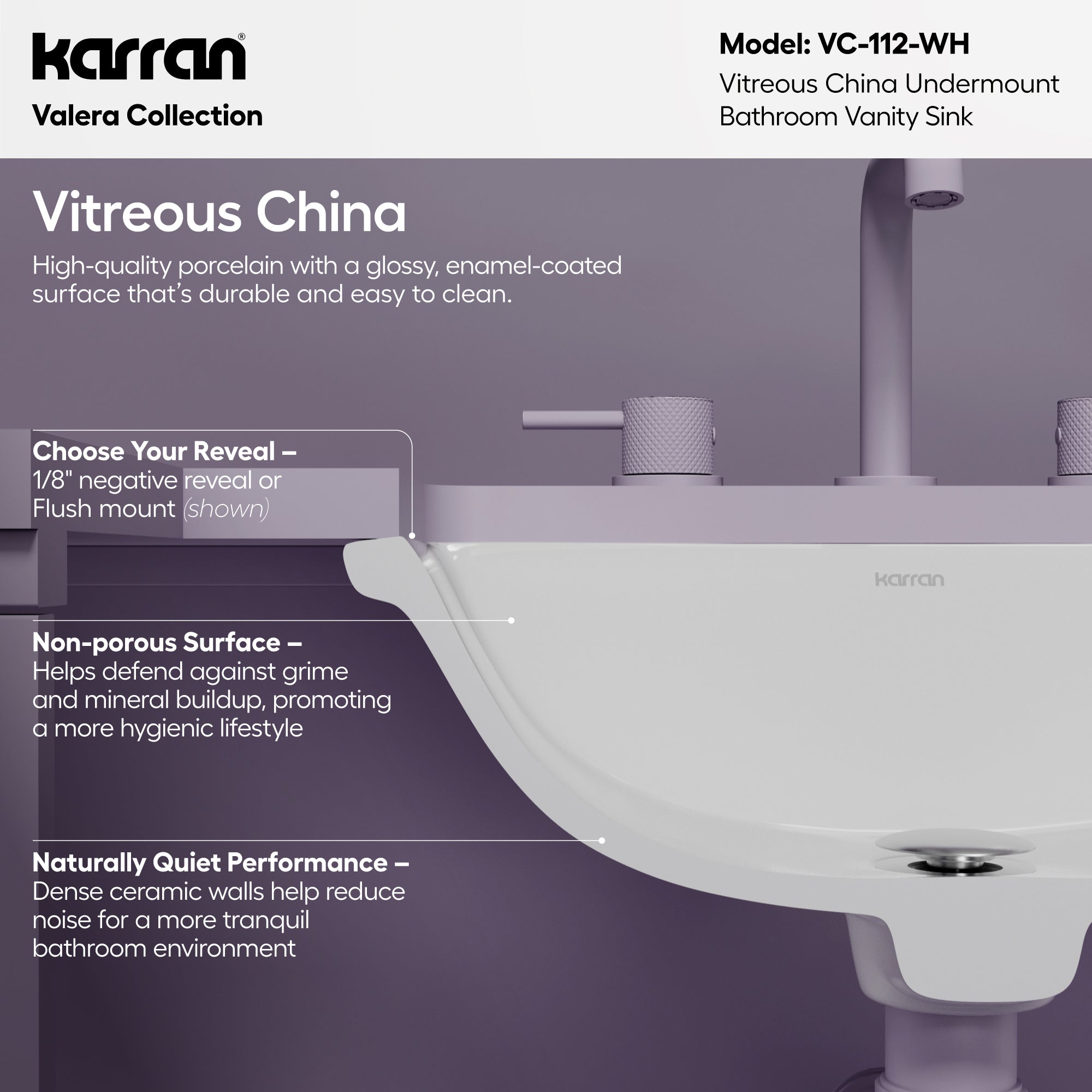 Karran Valera 14.875" x 18.125" Rectangular Undermount Vitreous China ADA Bathroom Sink, White, VC-112-WH