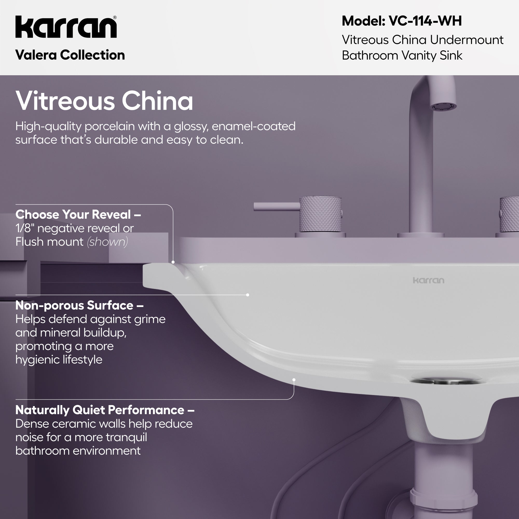 Karran Valera 15" x 20.25" Rectangular Undermount Vitreous China ADA Bathroom Sink, White, VC-114-WH