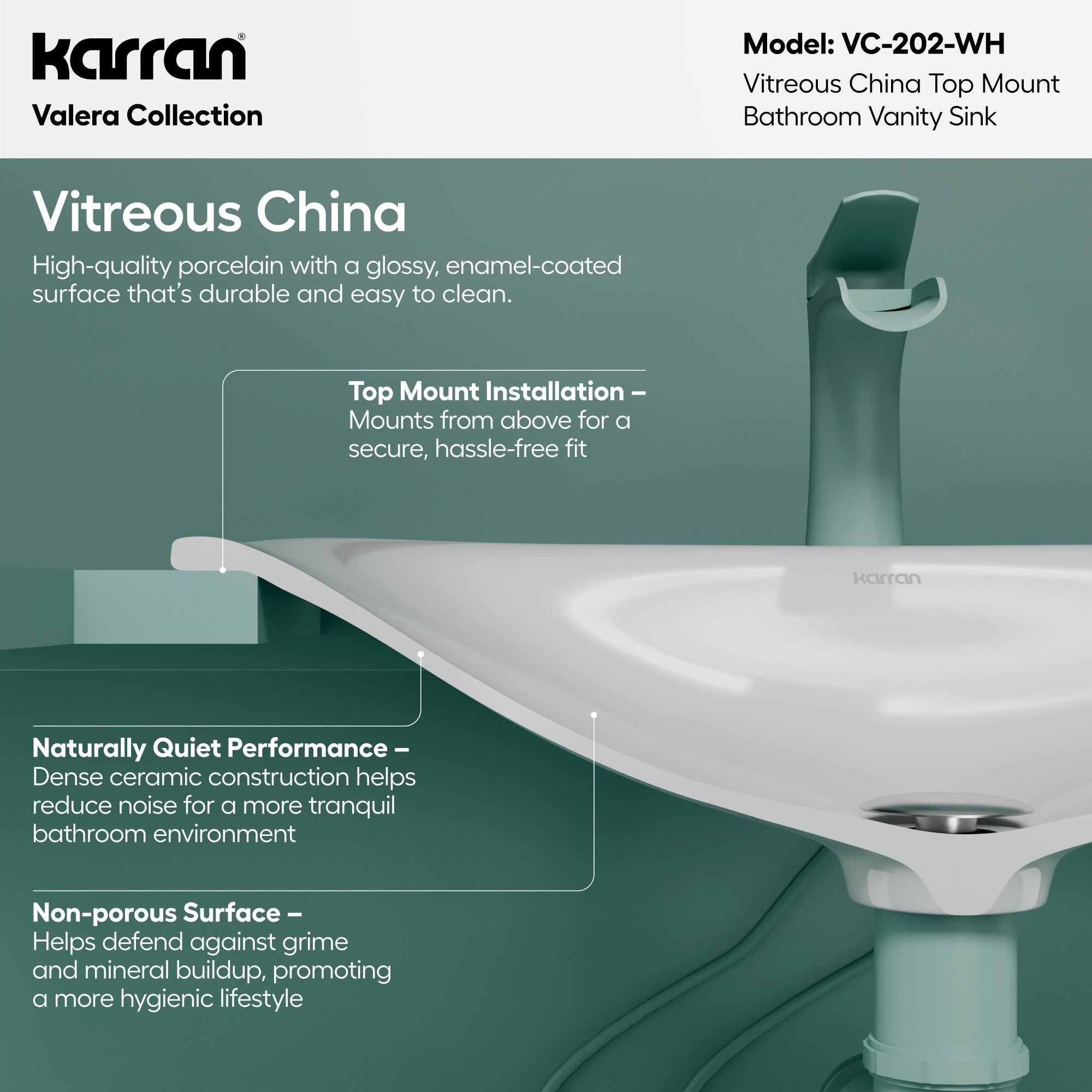 Alternative View of Karran Valera 21.125" x 14.5" x 4" Rectangular Vessel Vitreous China ADA Bathroom Sink, White, VC-202-WH