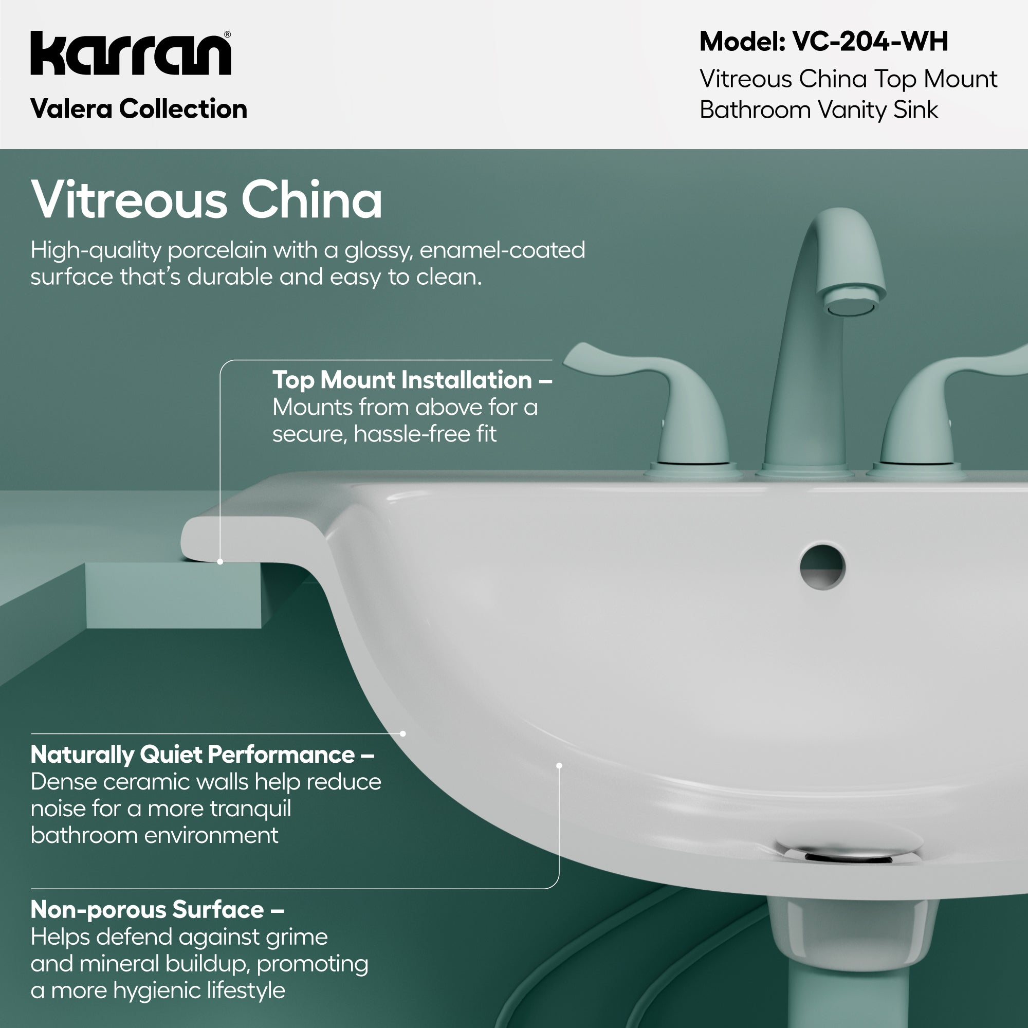 Karran Valera 18.125" x 21.25" Rectangular Drop In/Topmount Vitreous China ADA Bathroom Sink, White, VC-204-WH