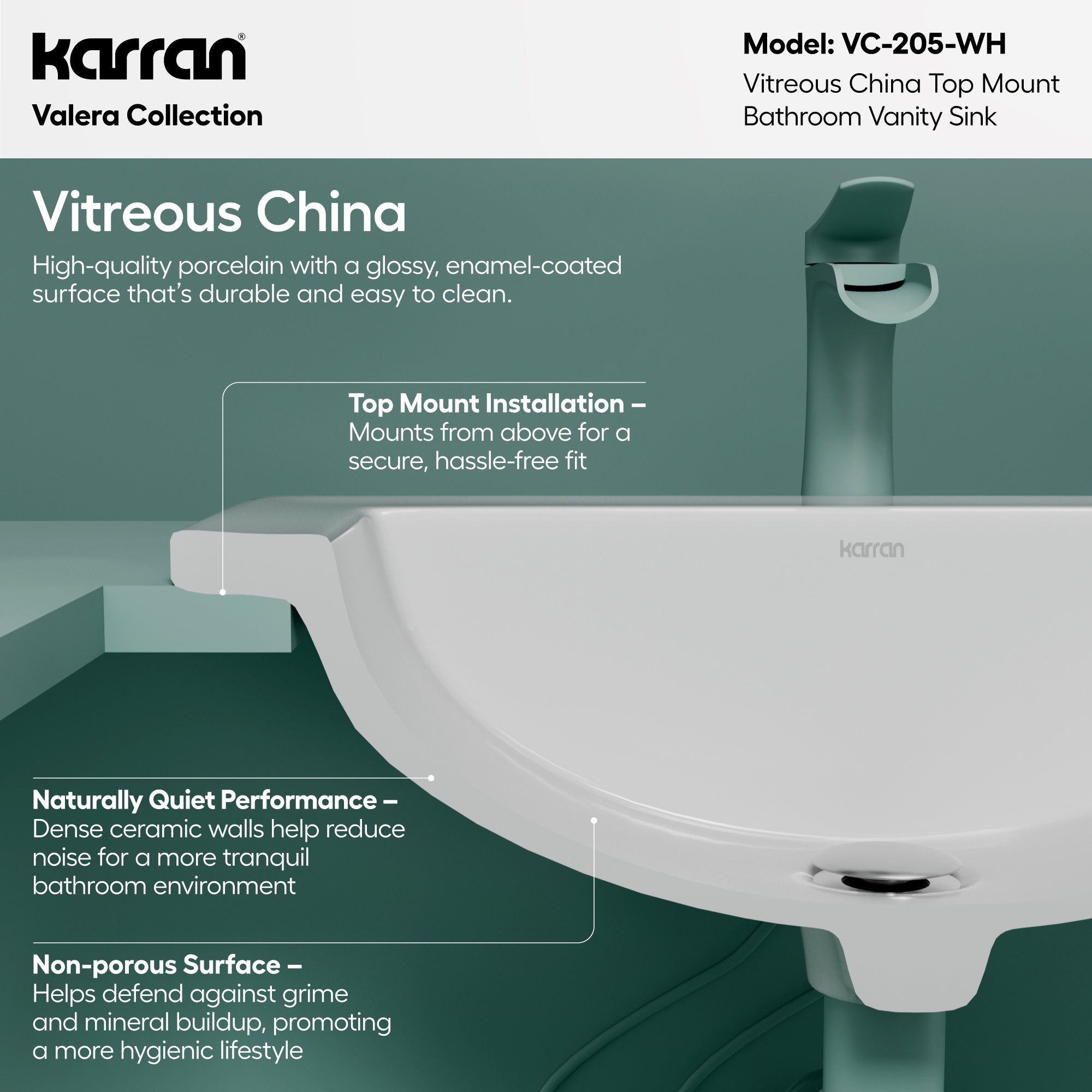 Karran Valera 17.125" x 23.25" Rectangular Drop In/Topmount Vitreous China ADA Bathroom Sink, White, VC-205-WH