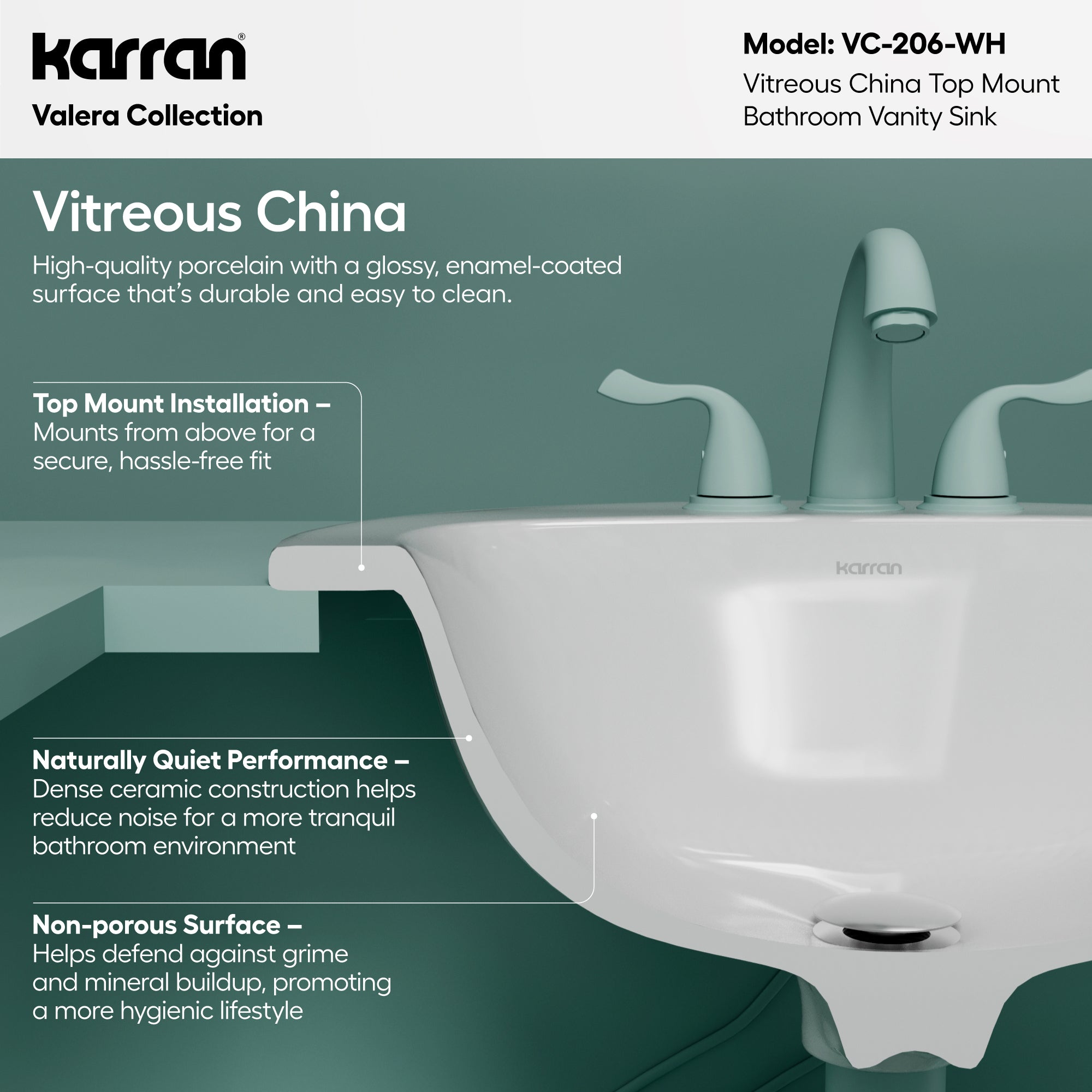 Karran Valera 19.5" x 19.5" Round Drop In/Topmount Vitreous China Bathroom Sink, White, VC-206-WH