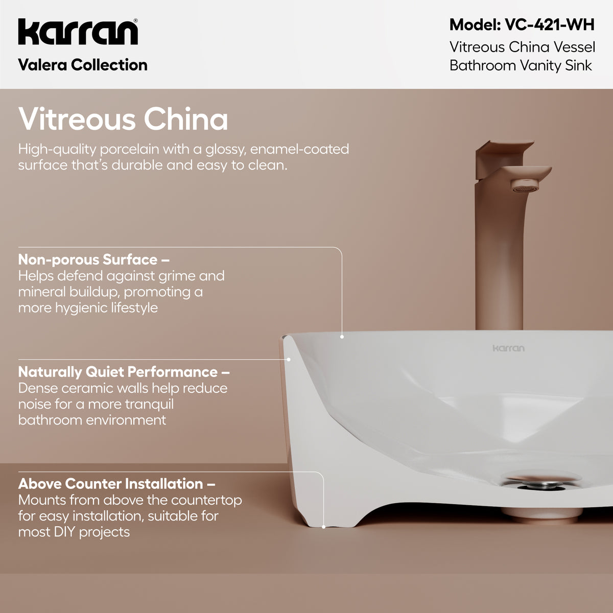 Alternative View of Karran Valera 16" x 16" x 4.5" Round Vessel Vitreous China ADA Bathroom Sink, White, VC-421-WH