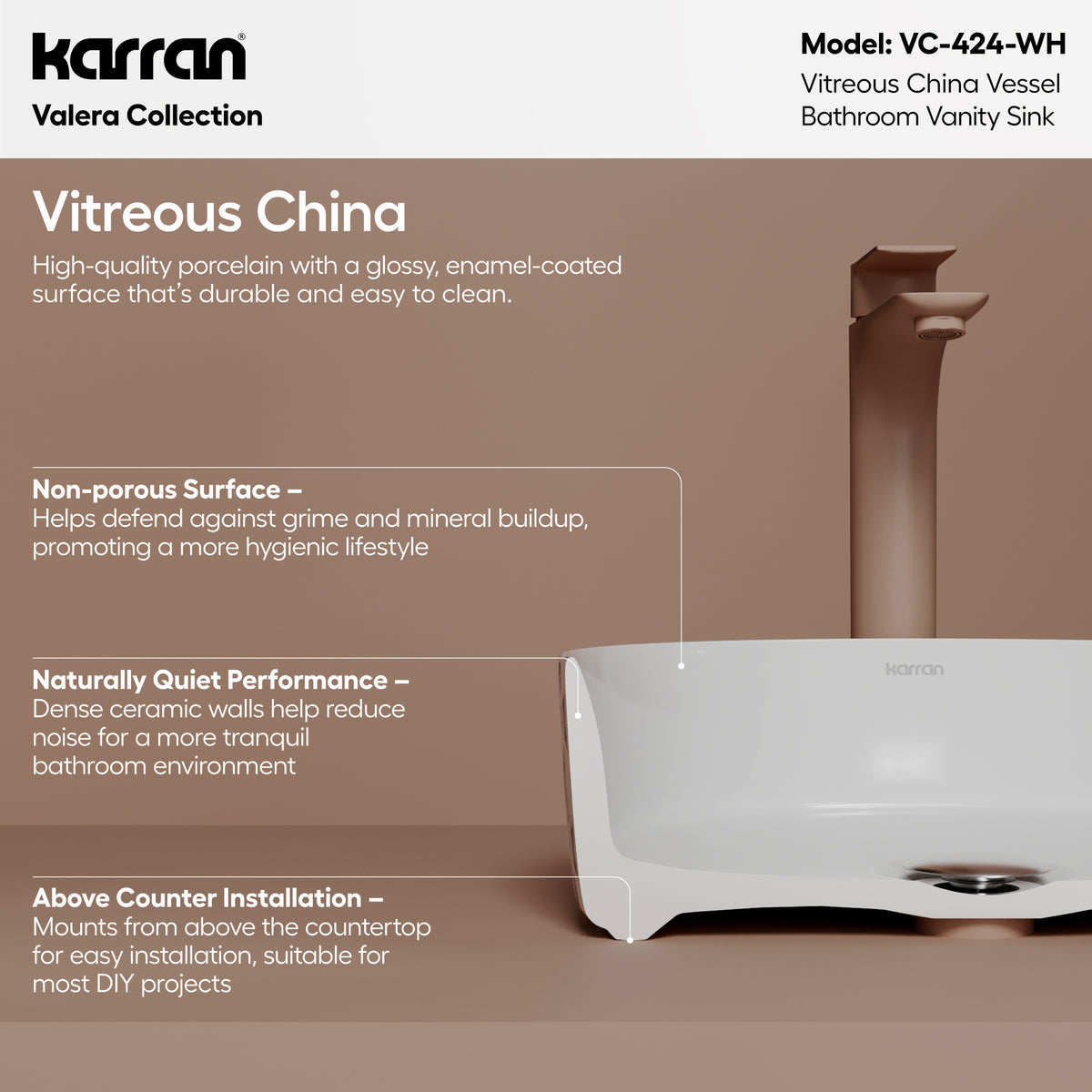 Alternative View of Karran Valera 14.25" x 14.25" x 4" Round Vessel Vitreous China ADA Bathroom Sink, White, VC-424-WH