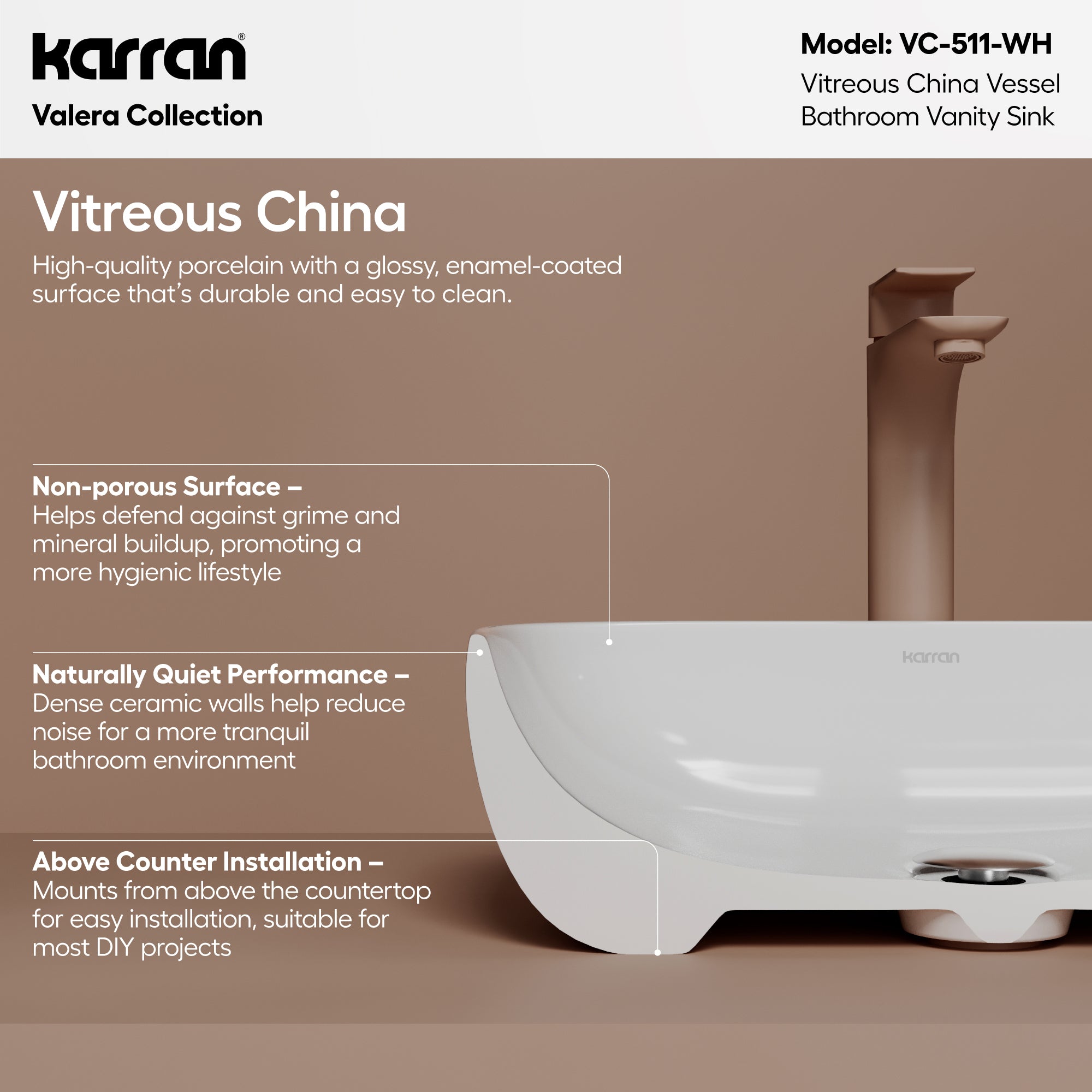 Alternative View of Karran Valera 19.875" x 15.75" x 4.5" Rectangular Vessel Vitreous China ADA Bathroom Sink, White, VC-511-WH