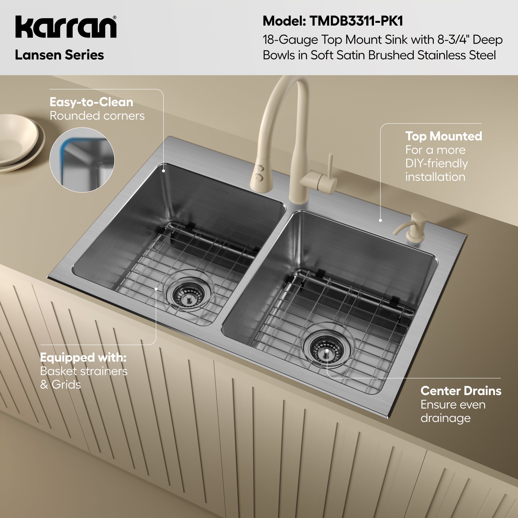 Karran lansen 33 stainless steel kitchen sink 50/50 double bowl informational image