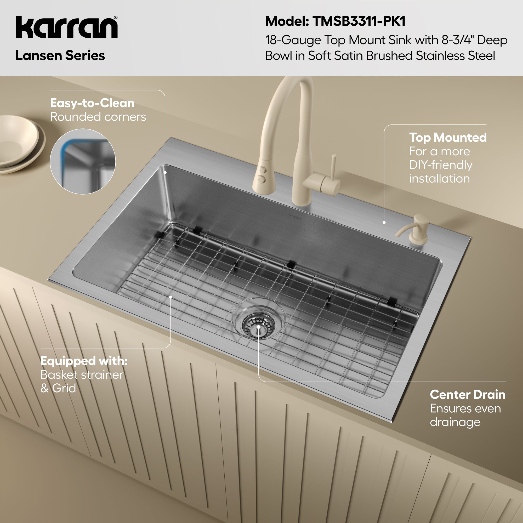 Karran lansen 33 stainless steel kitchen sink 18 gauge informational image