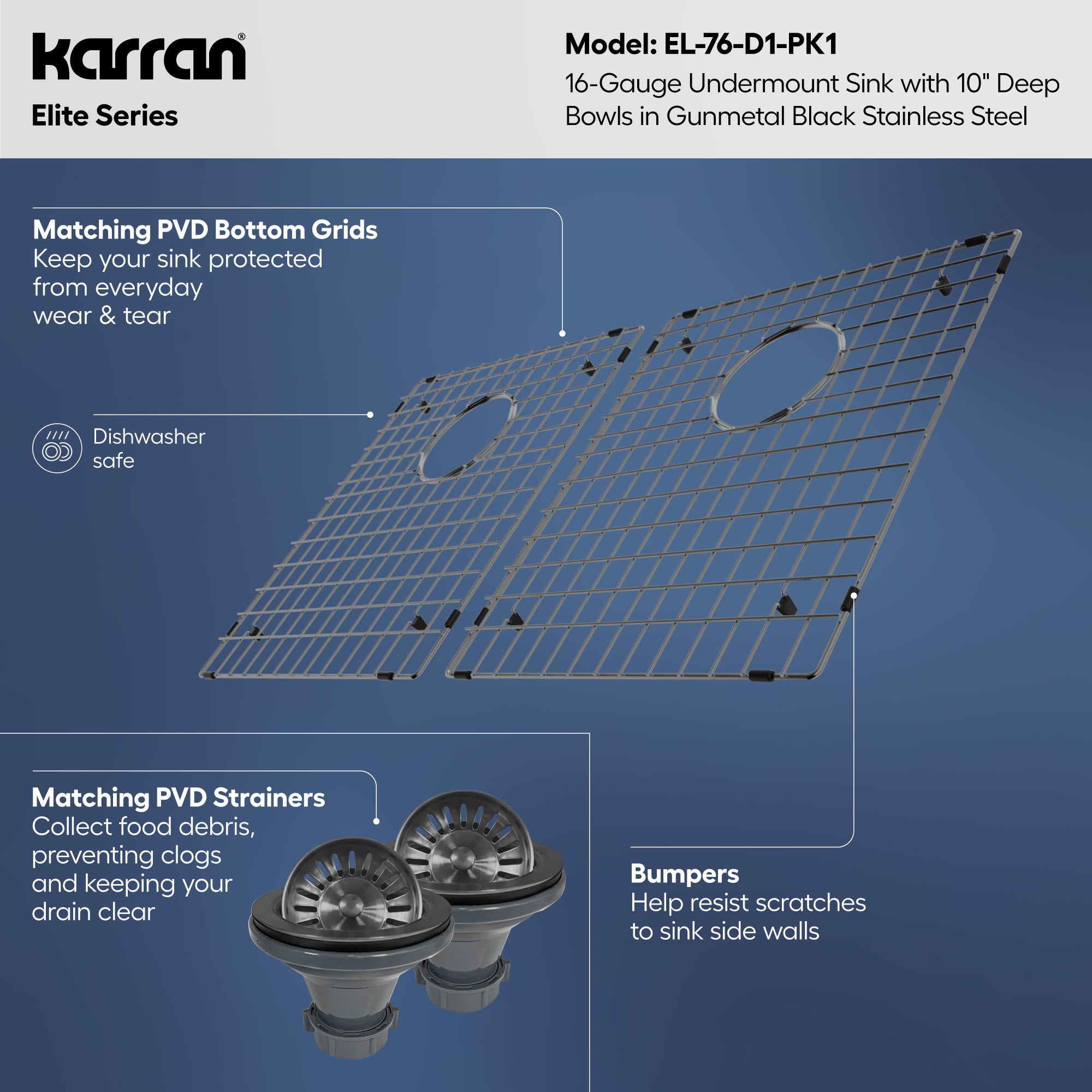 Karran elite 32 stainless steel kitchen sink 50/50 double bowl gunmetal black informational image