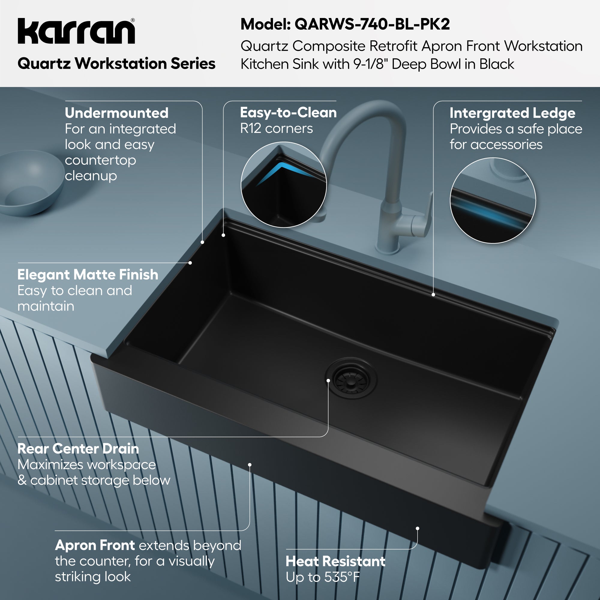 Karran 34 quartz composite retrofit workstation farmhouse sink black informational image