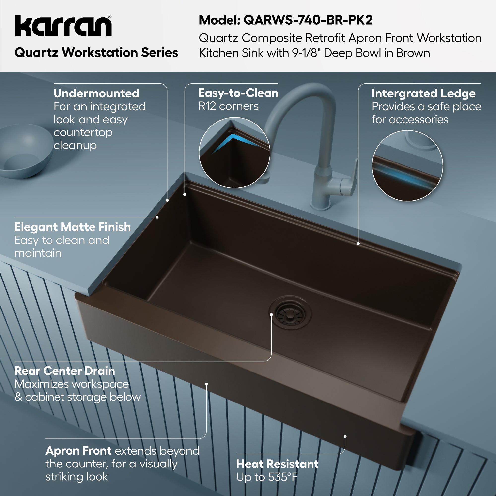 Karran 34 quartz composite retrofit workstation farmhouse sink brown informational image