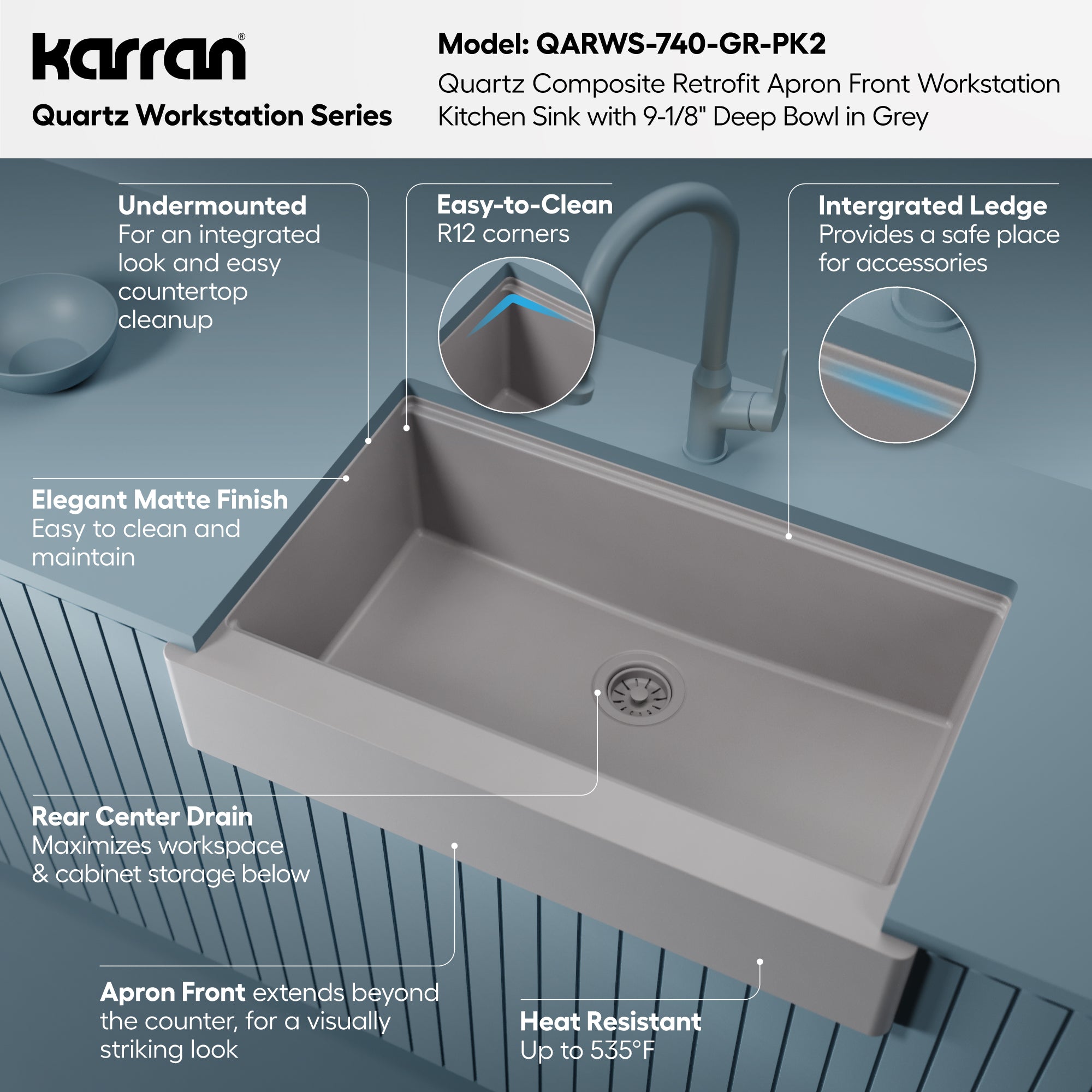 Karran 34 quartz composite retrofit workstation farmhouse sink grey informational image