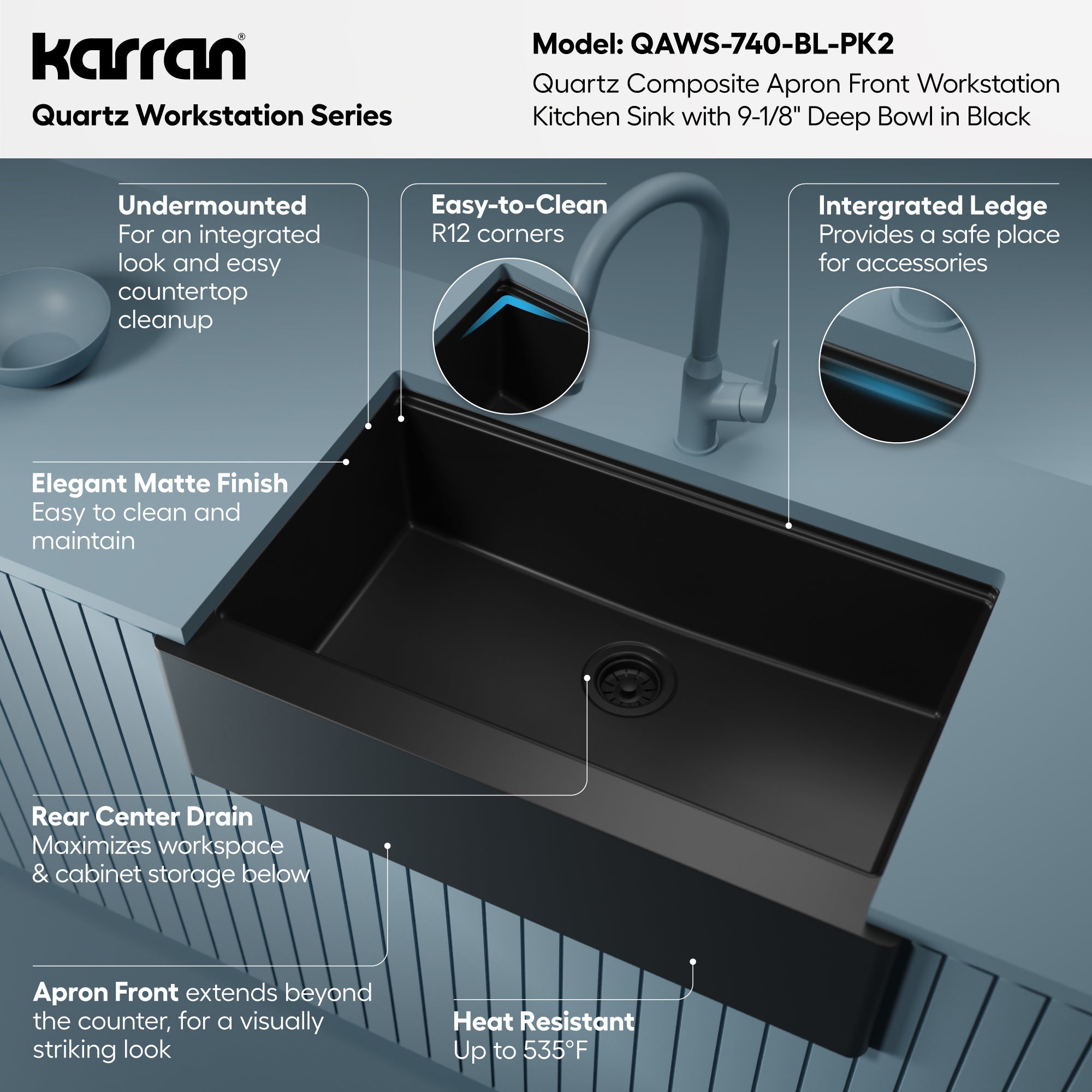 Karran 34 quartz composite workstation farmhouse sink black informational image