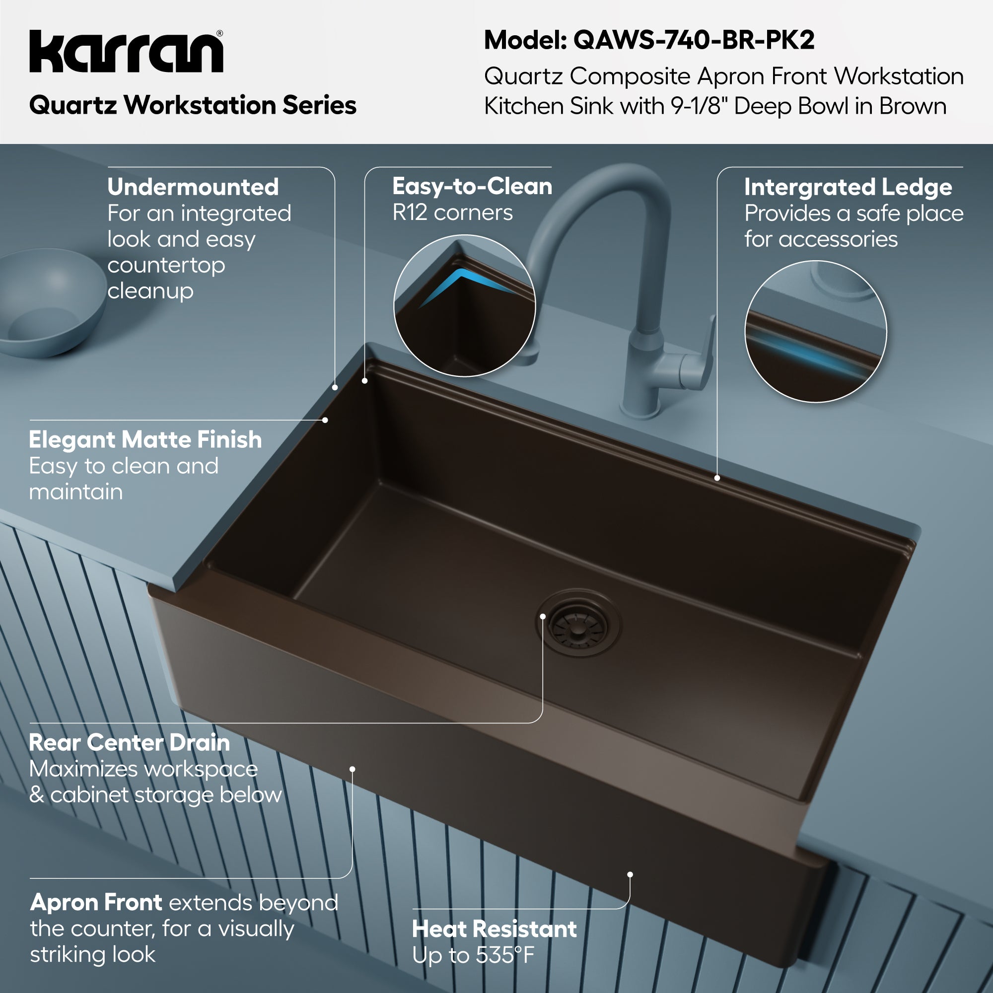 Karran 34 quartz composite workstation farmhouse sink brown informational image