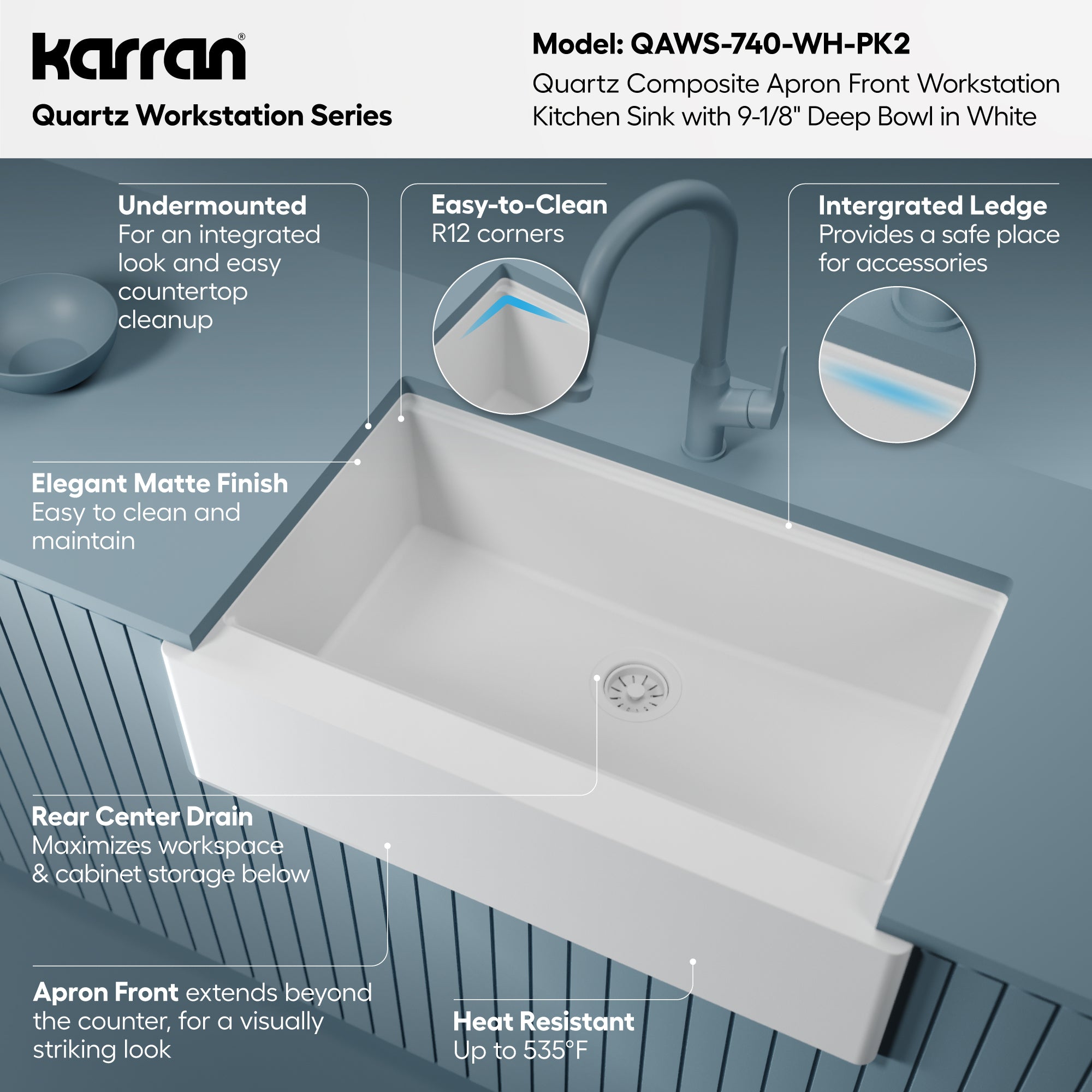 Karran 34 quartz composite workstation farmhouse sink white informational image