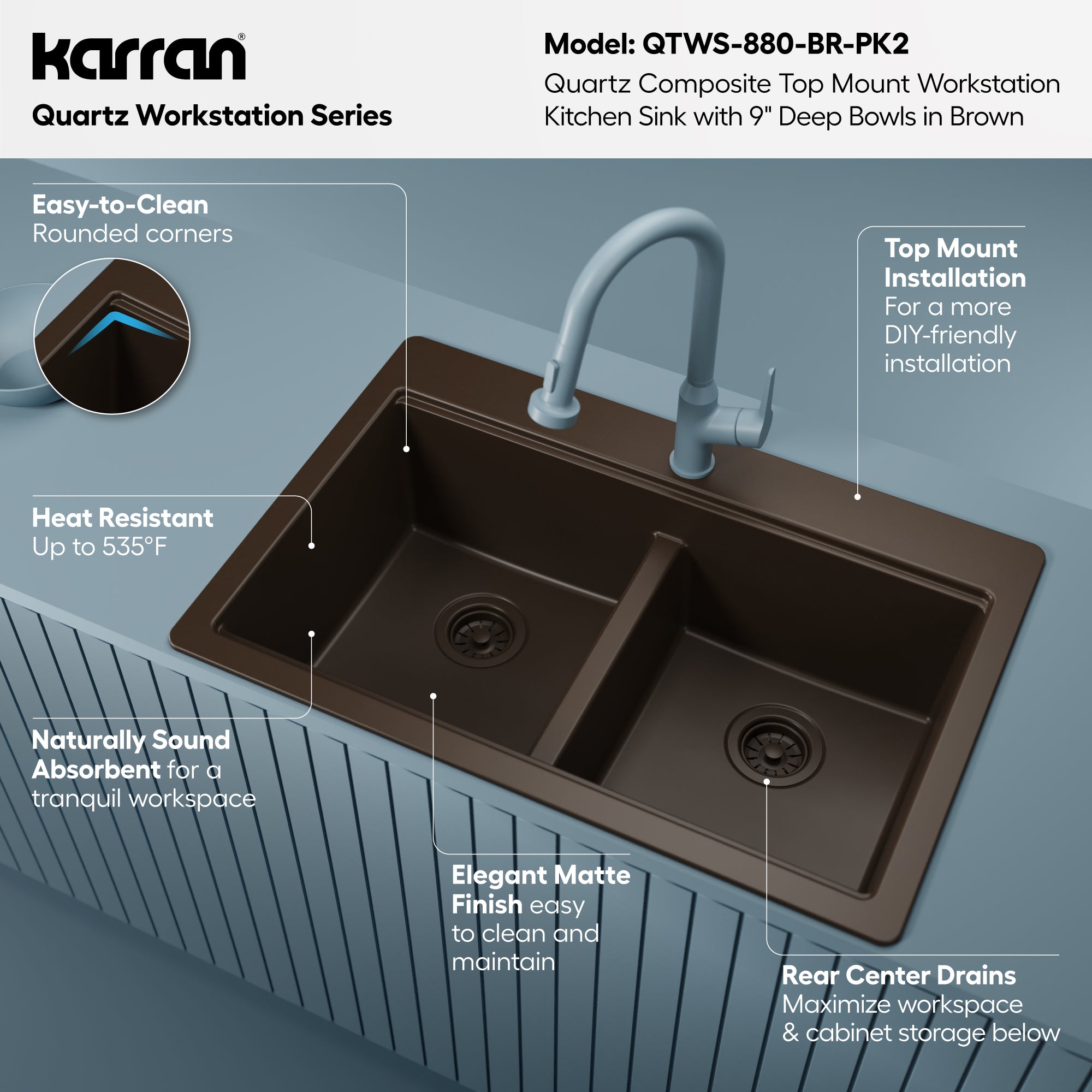 Karran 33 quartz composite workstation kitchen sink 50/50 double bowl brown informational image