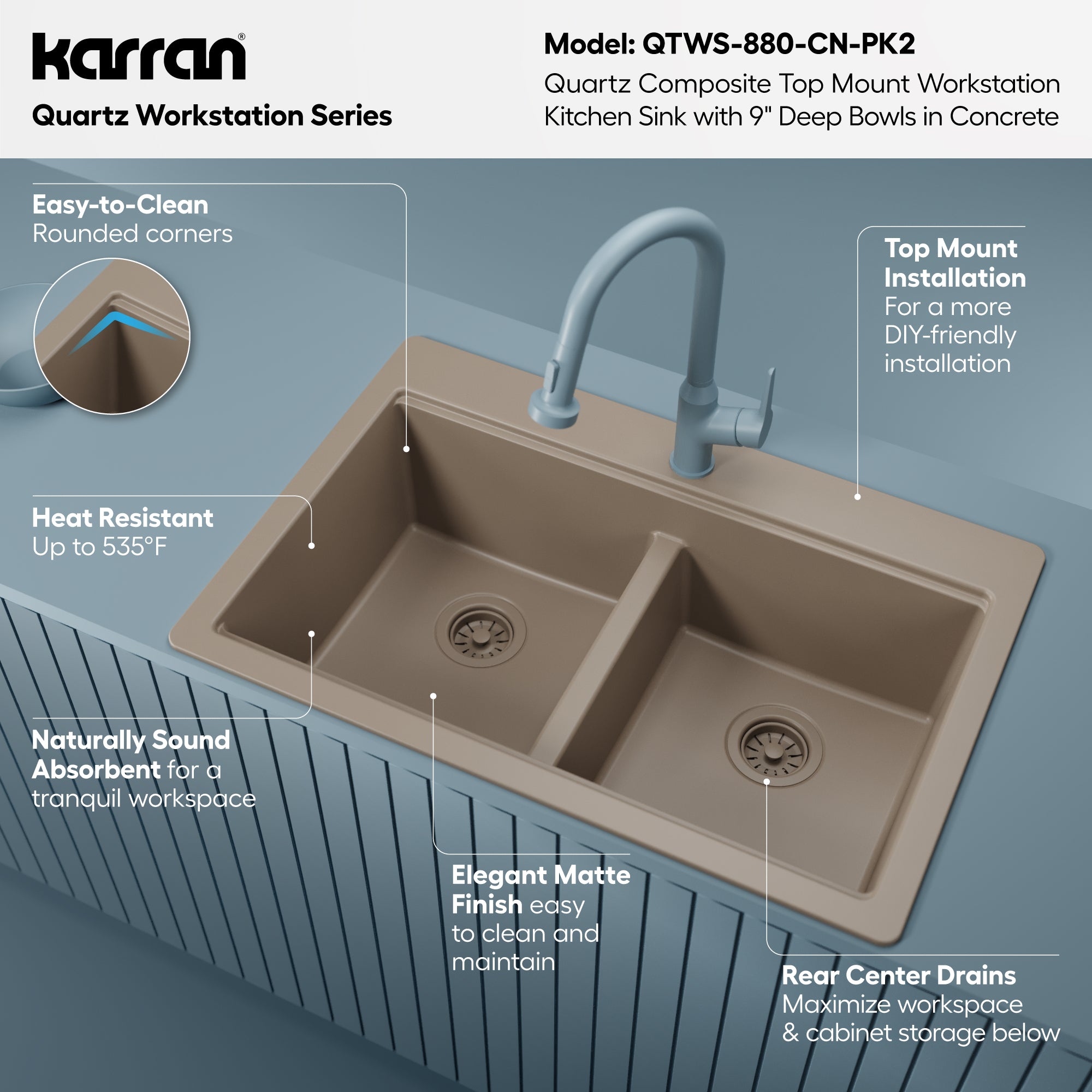 Karran 33 quartz composite workstation kitchen sink 50/50 double bowl concrete informational image