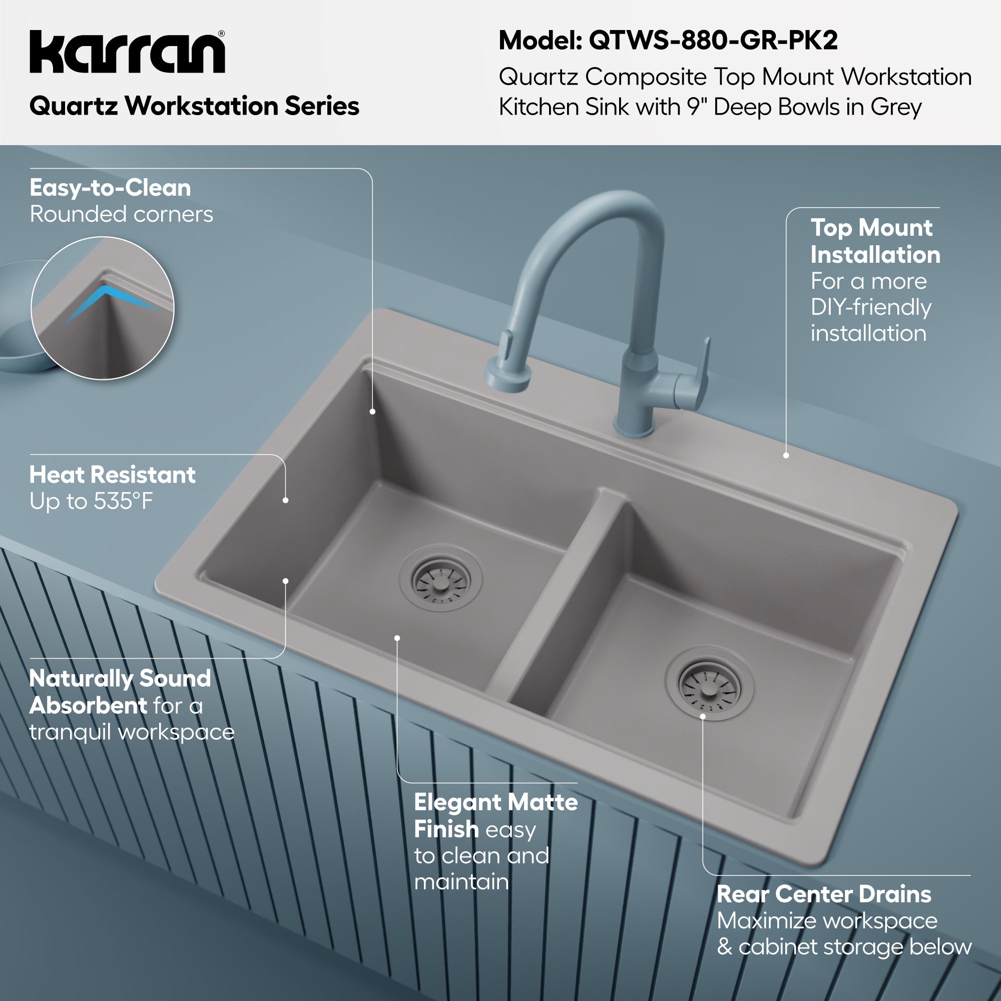 Karran 33 quartz composite workstation kitchen sink 50/50 double bowl grey informational image