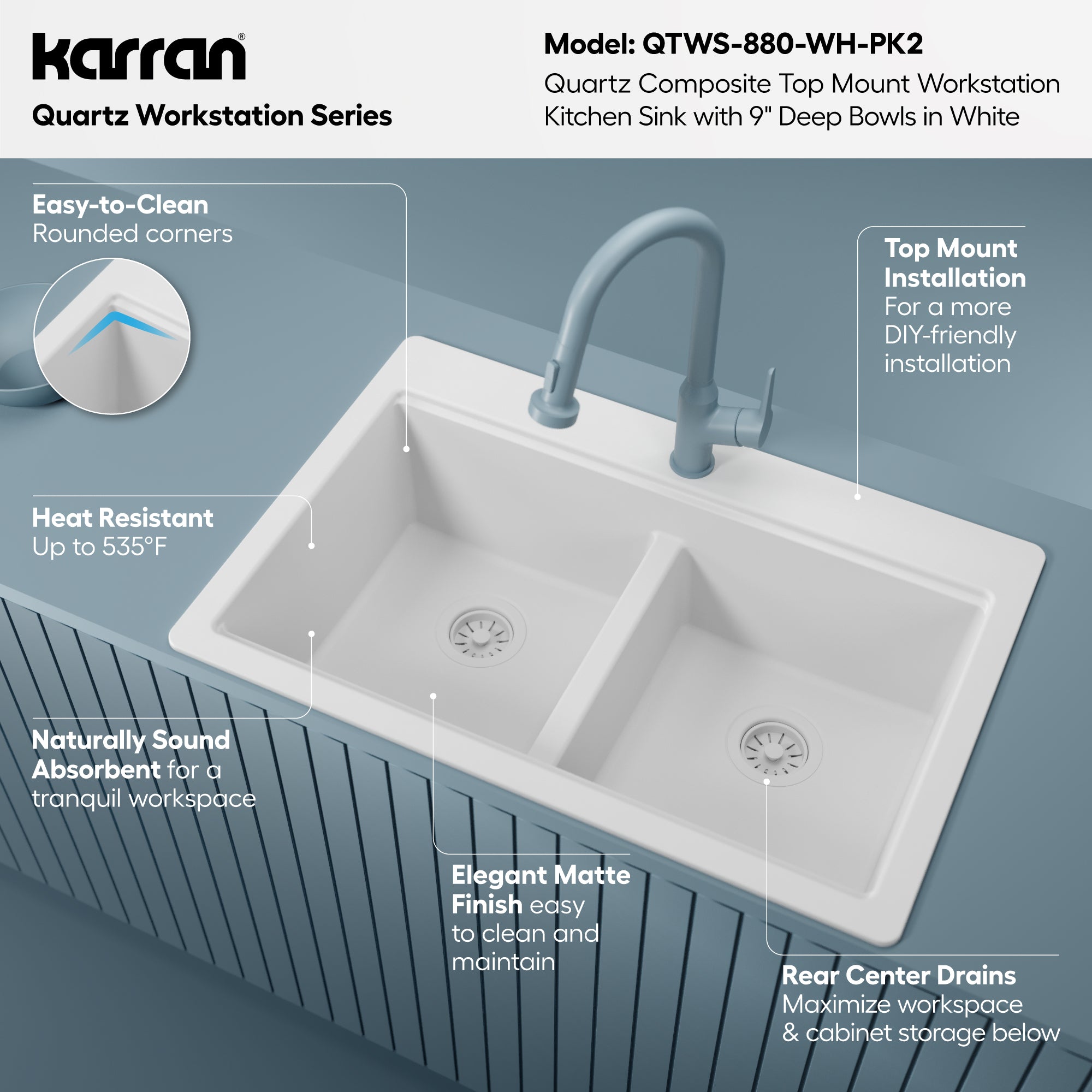 Karran 33 quartz composite workstation kitchen sink 50/50 double bowl white informational image