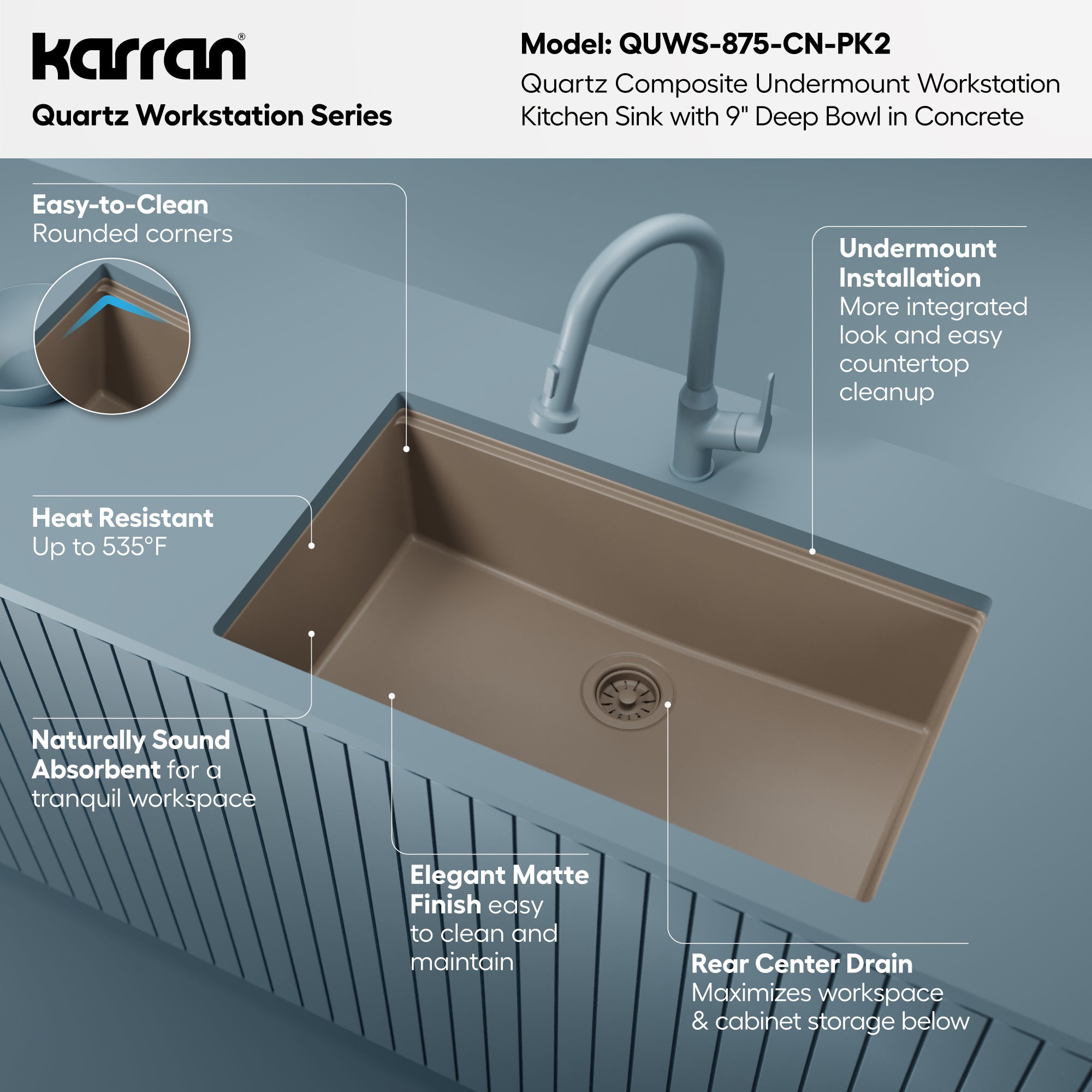 Karran 32 quartz composite workstation kitchen sink concrete informational image