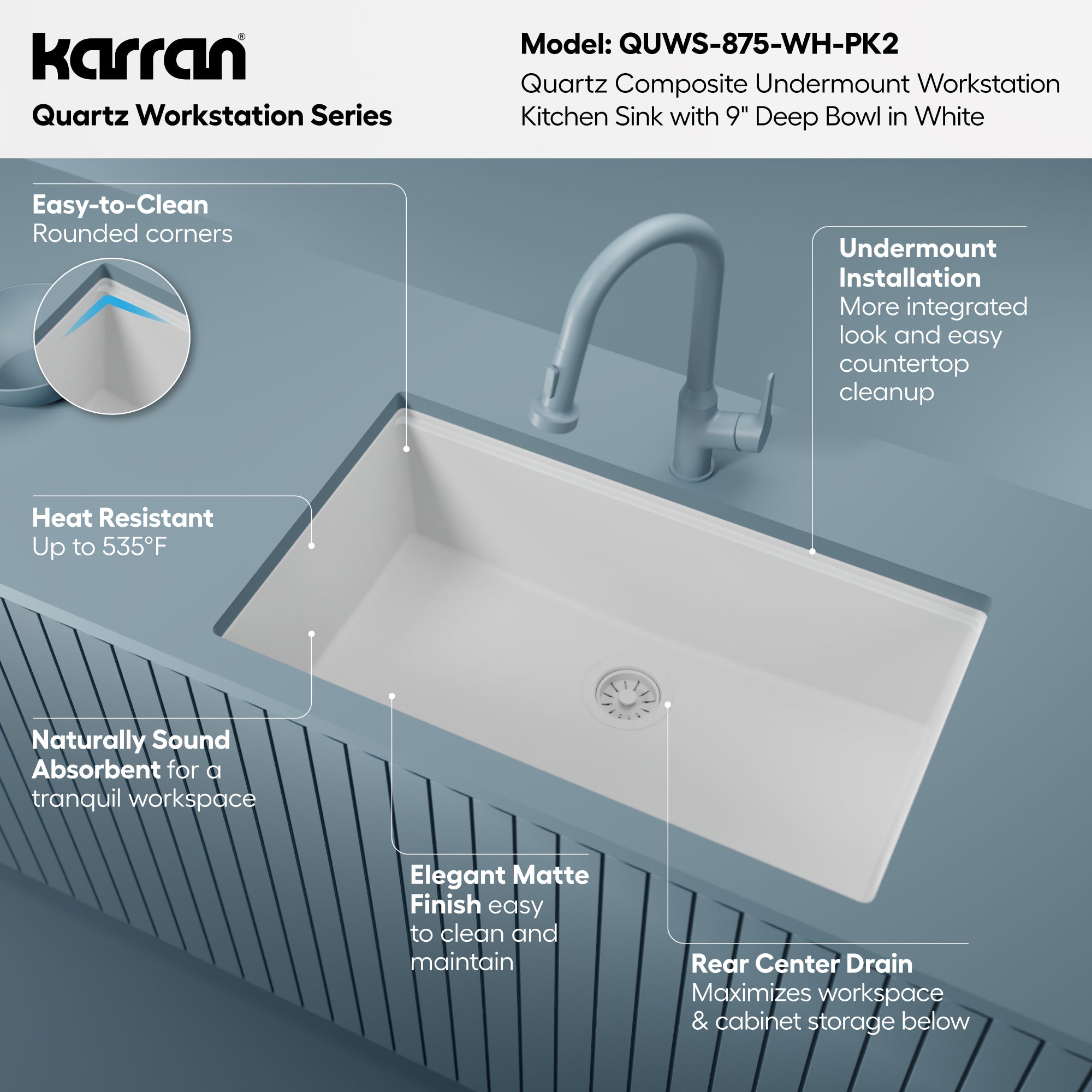 Karran 32 quartz composite workstation kitchen sink white informational image