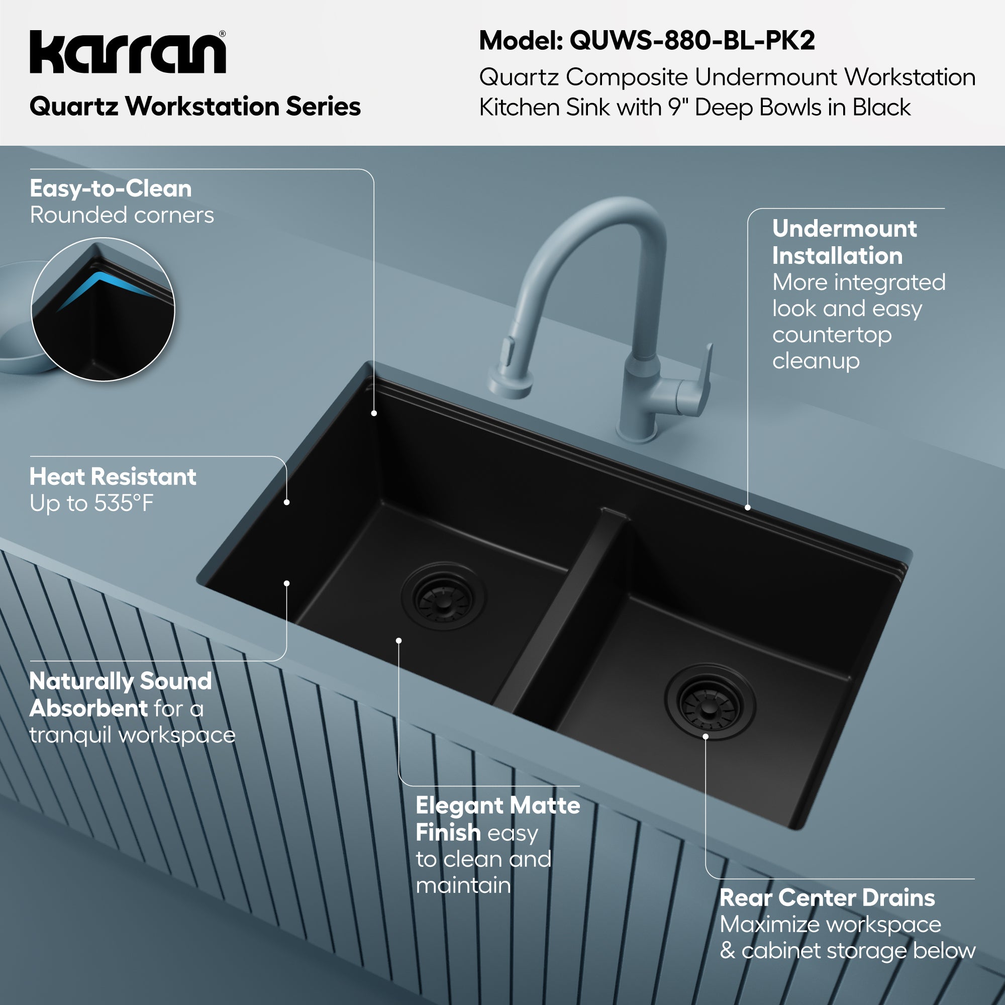 Karran 32 quartz composite workstation kitchen sink 50/50 double bowl black informational image