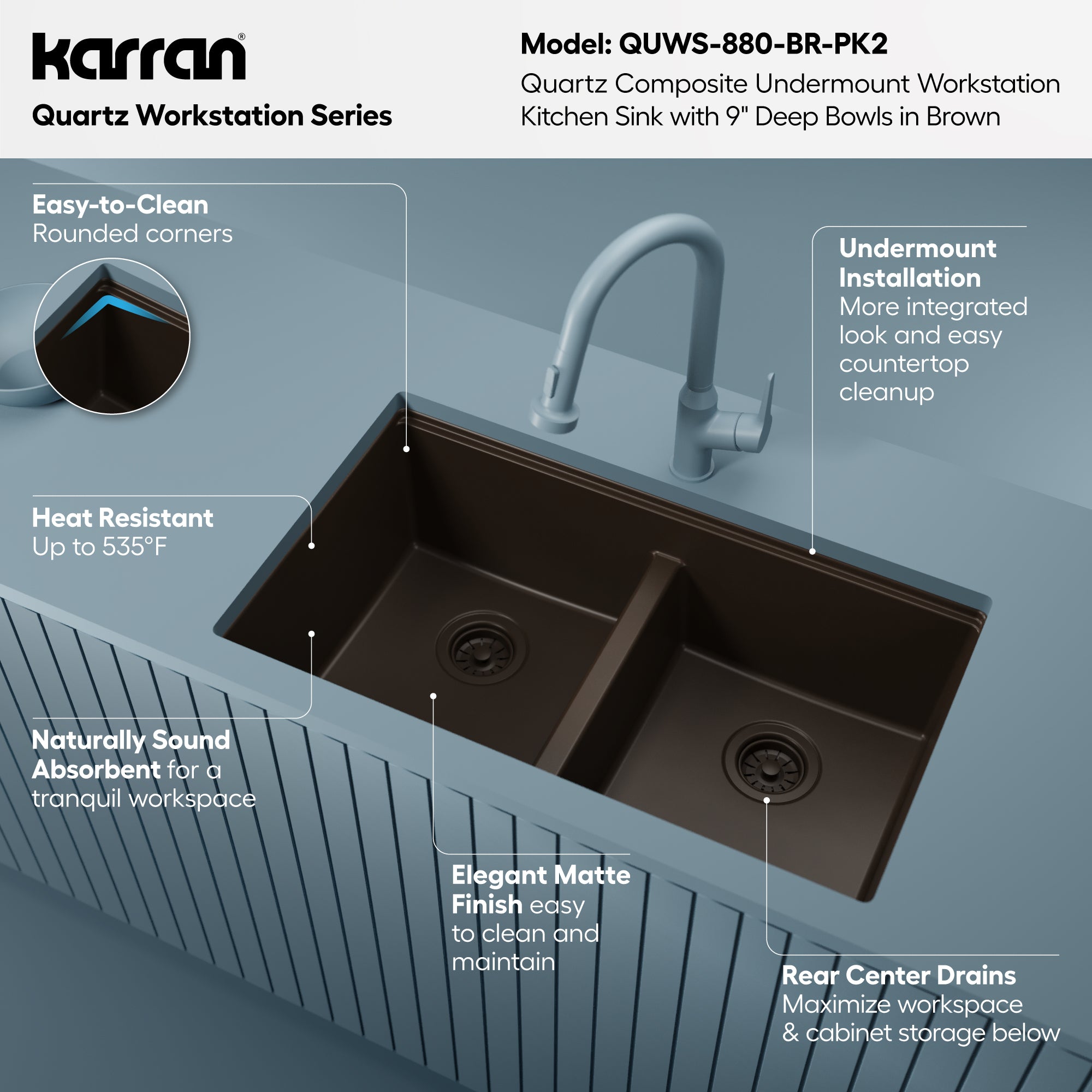 Karran 32 quartz composite workstation kitchen sink 50/50 double bowl brown informational image