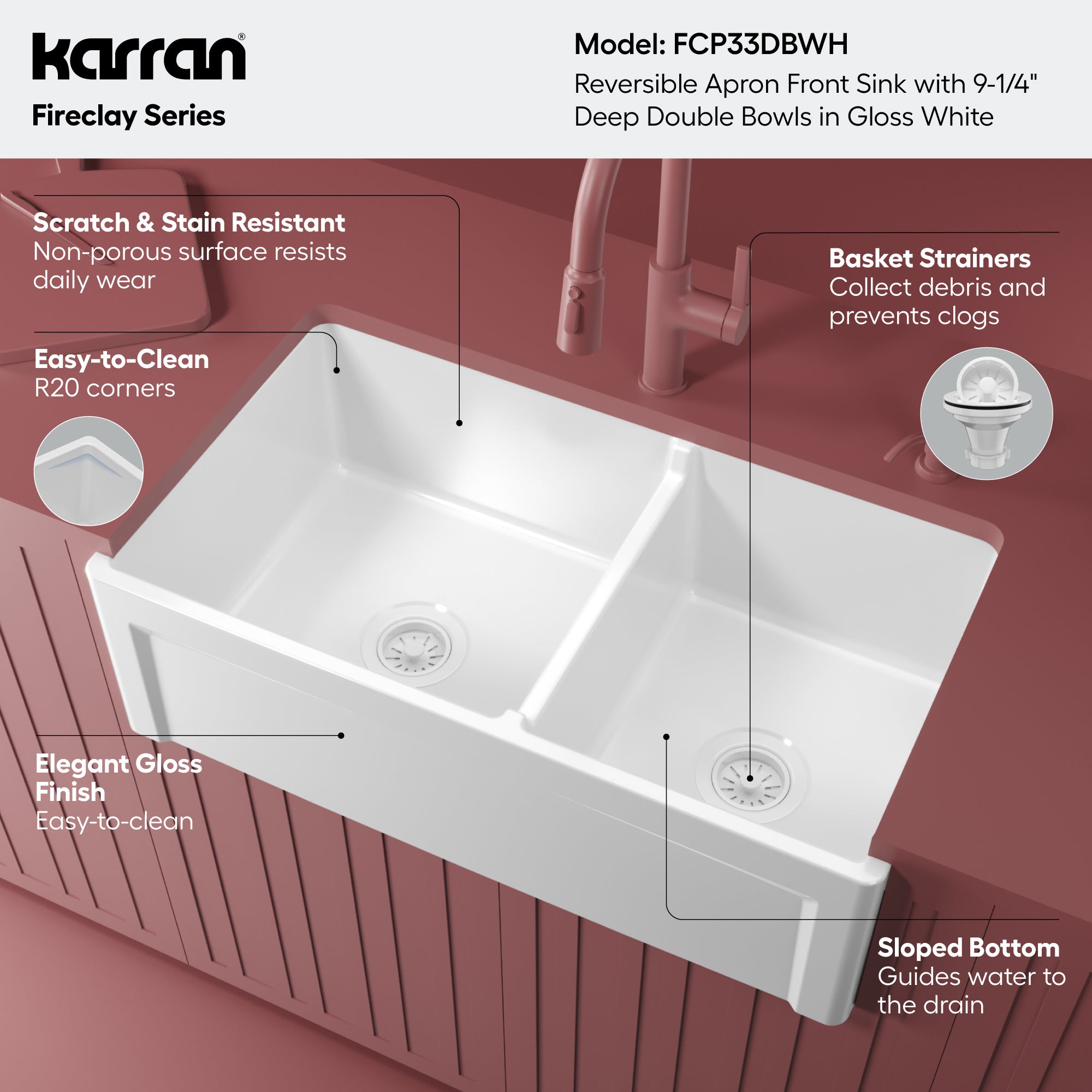 Alternative View of Karran Fireclay 33" Fireclay Farmhouse Sink with Accessories, 60/40 Double Bowl, White, FCP33DBWH