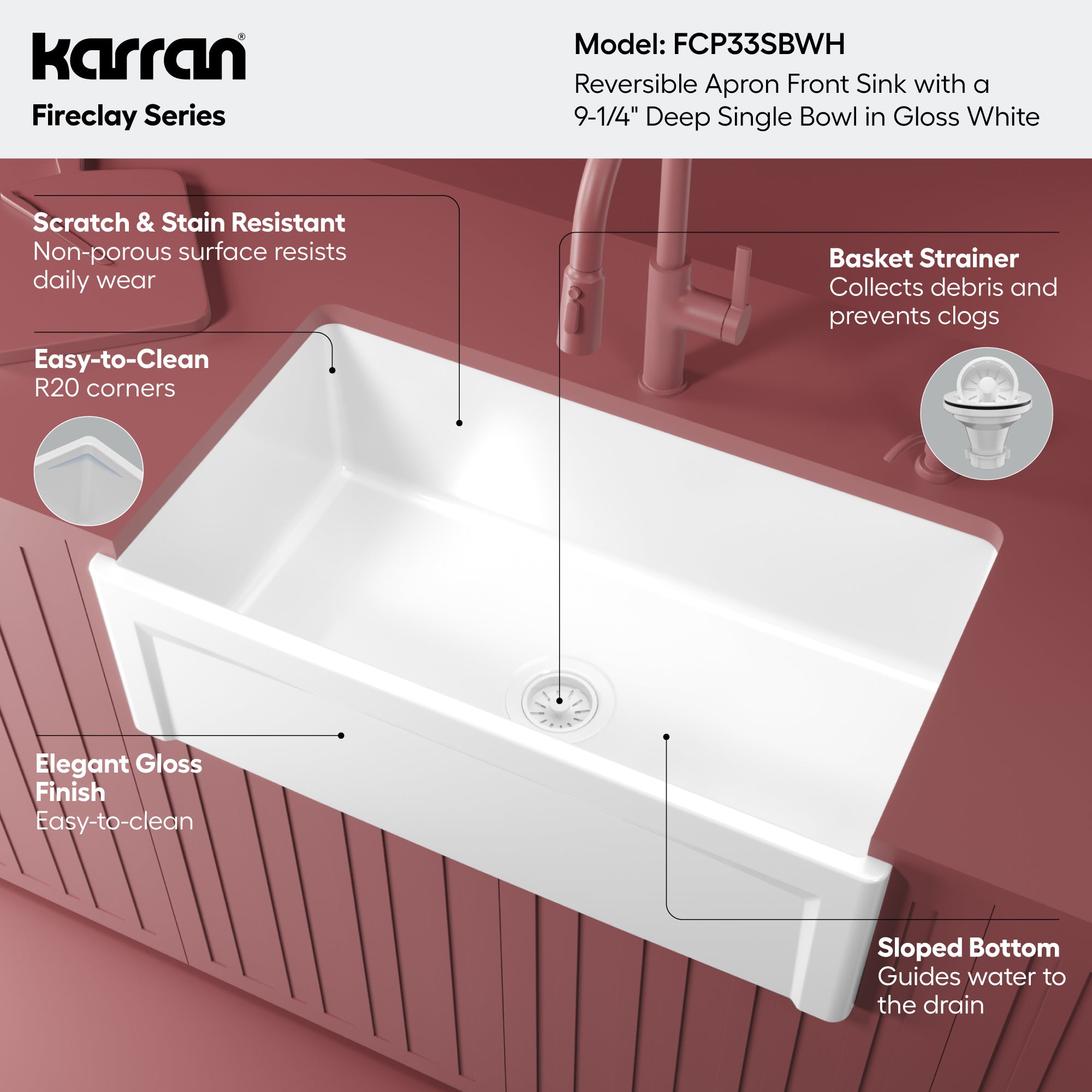 Alternative View of Karran Fireclay 33" Fireclay Farmhouse Sink with Accessories, White, FCP33SBWH
