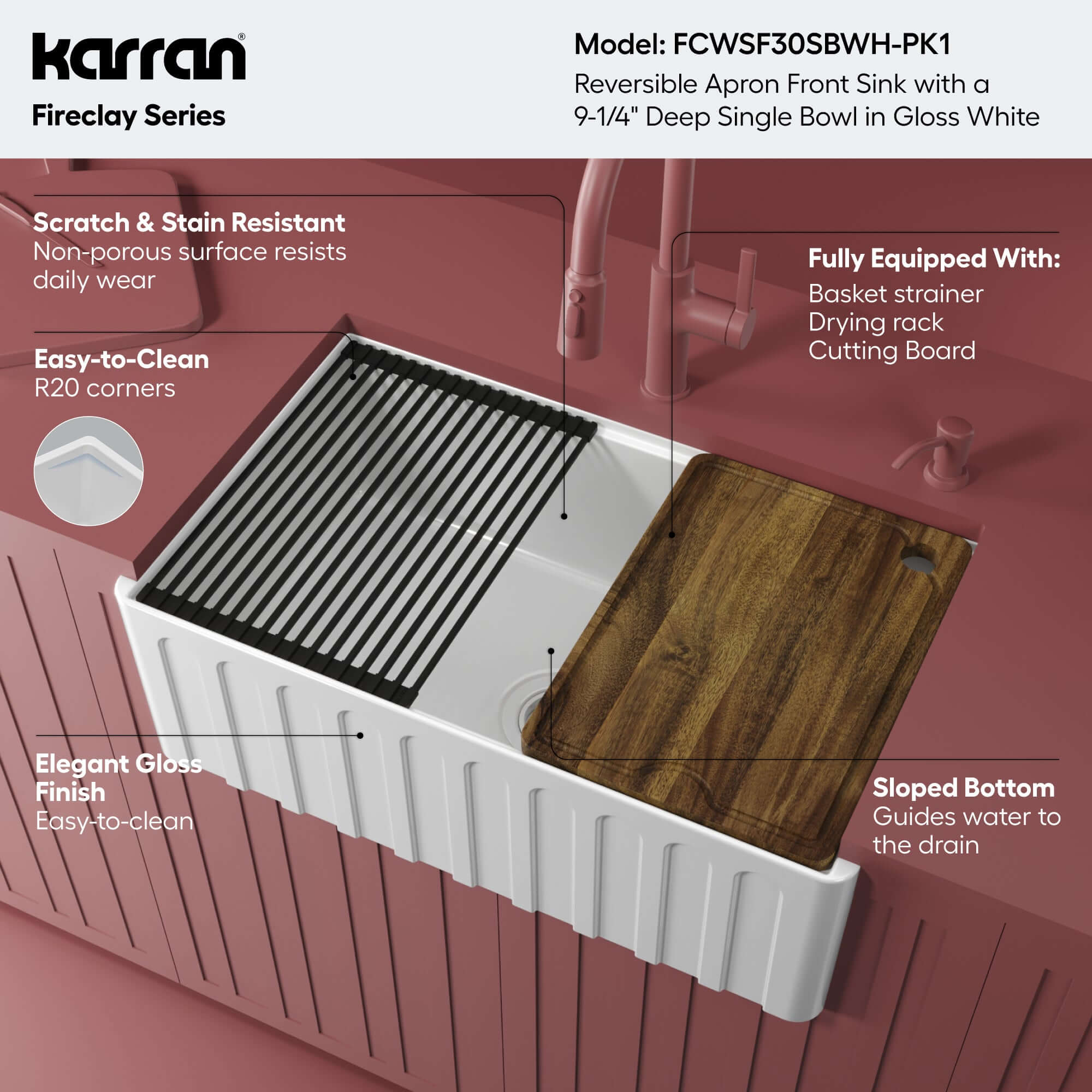 Alternative View of Karran Fireclay 30" Fireclay Workstation Farmhouse Sink with Accessories, White, FCWSF30SBWH-PK1