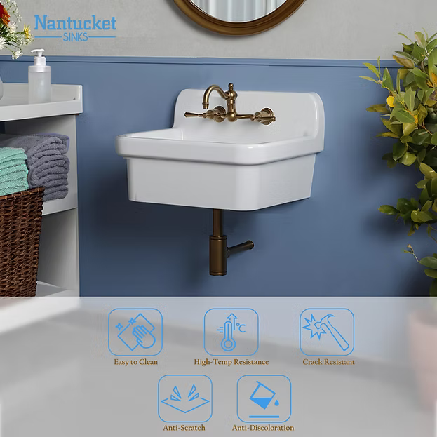 Nantucket Sinks Farm Country 24" Vitreous China Farmhouse Kitchen/Laundry/Utility Sink, White, NS-CS2418-8