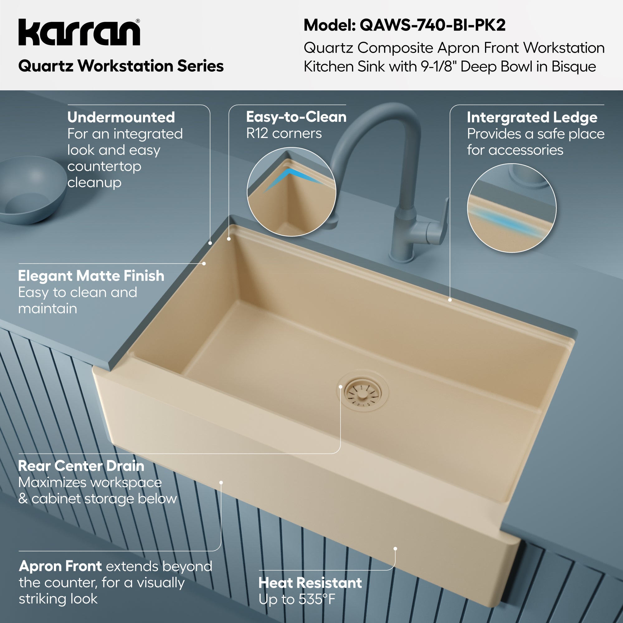 Karran 34 quartz composite workstation farmhouse sink bisque informational image