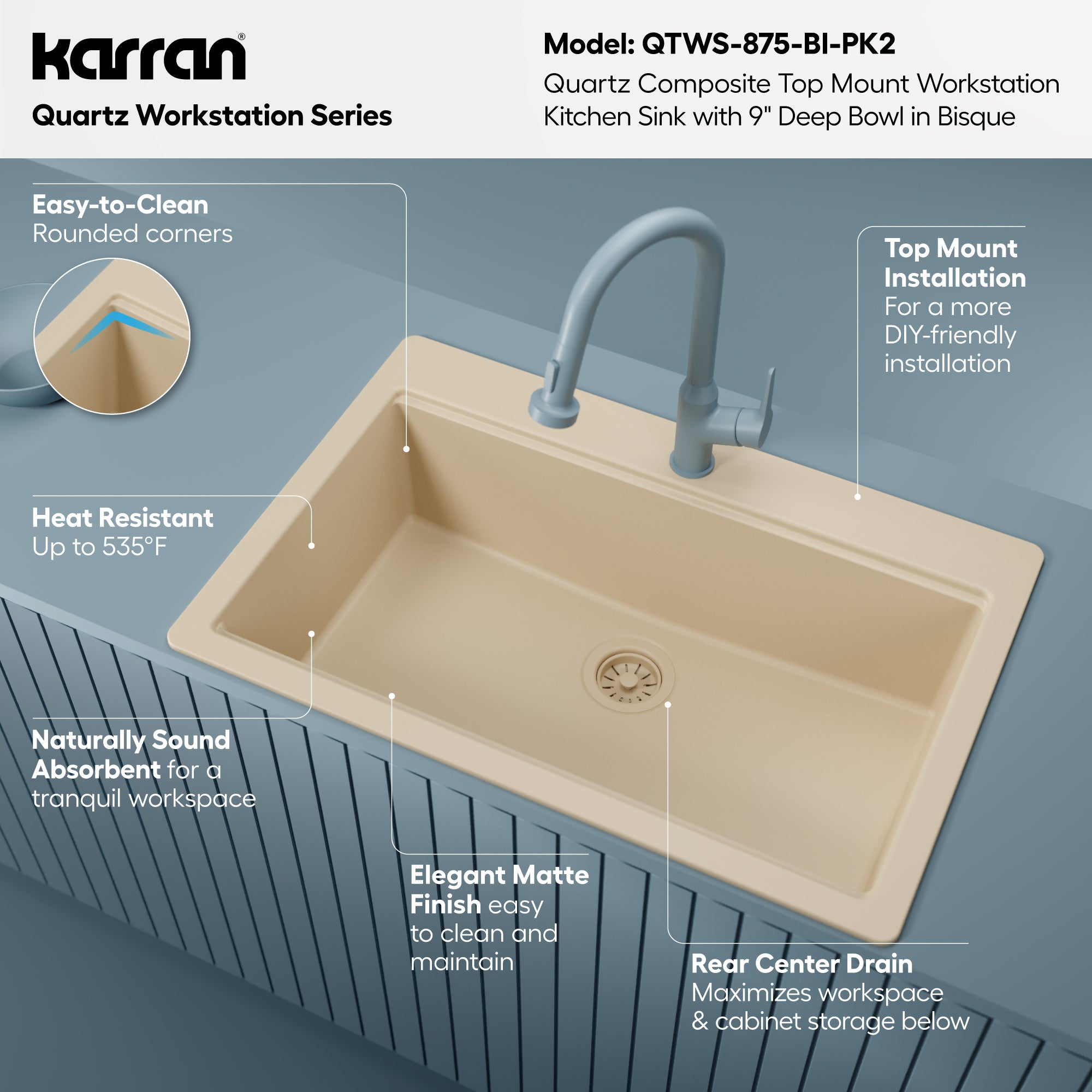 Karran 33 quartz composite workstation kitchen sink bisque informational image