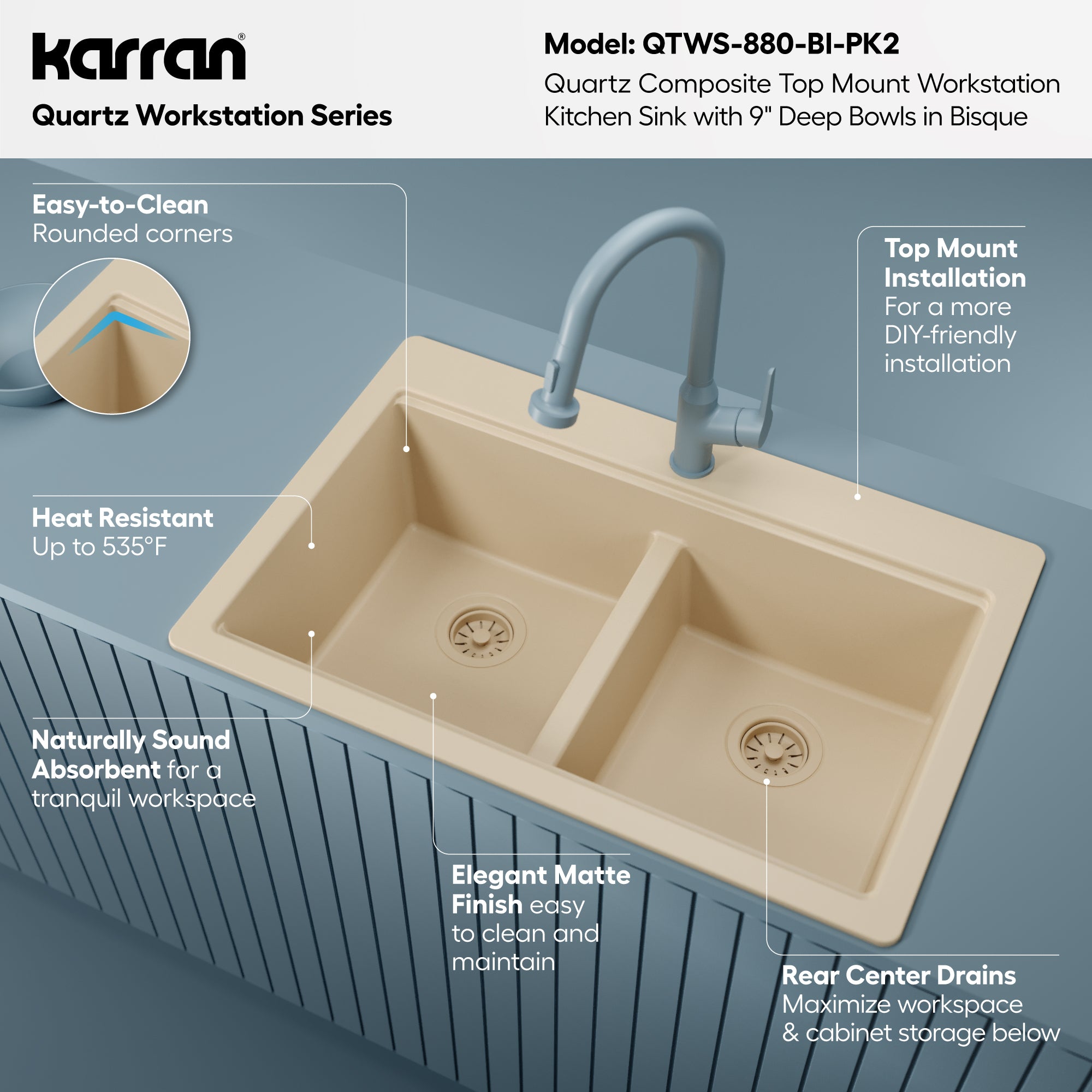 Karran 33 quartz composite workstation kitchen sink 50/50 double bowl bisque informational image