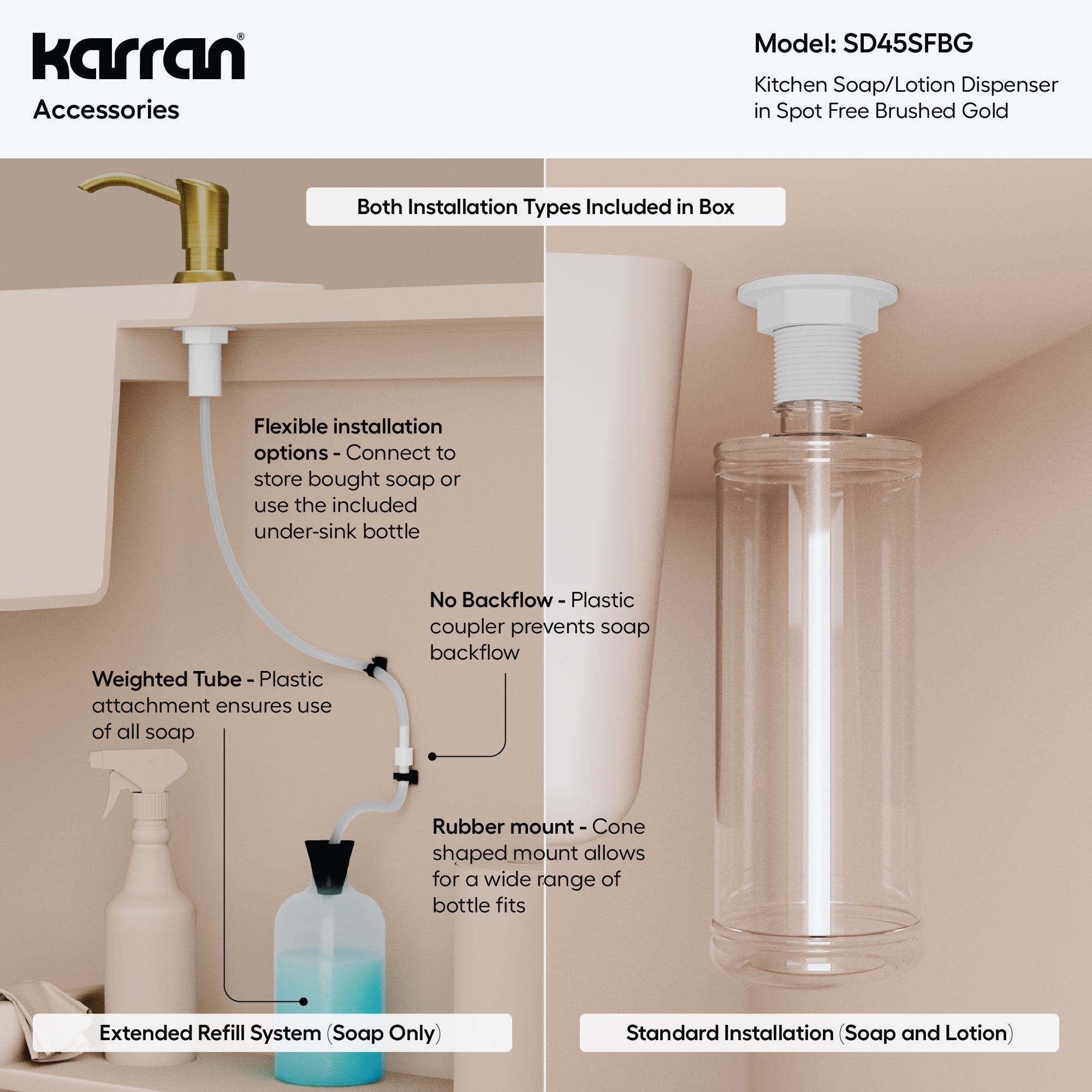 Karran SD45 Kitchen Soap/Lotion Dispenser in Spot Free Brushed Gold, Lead-free Brass, SD45SFBG