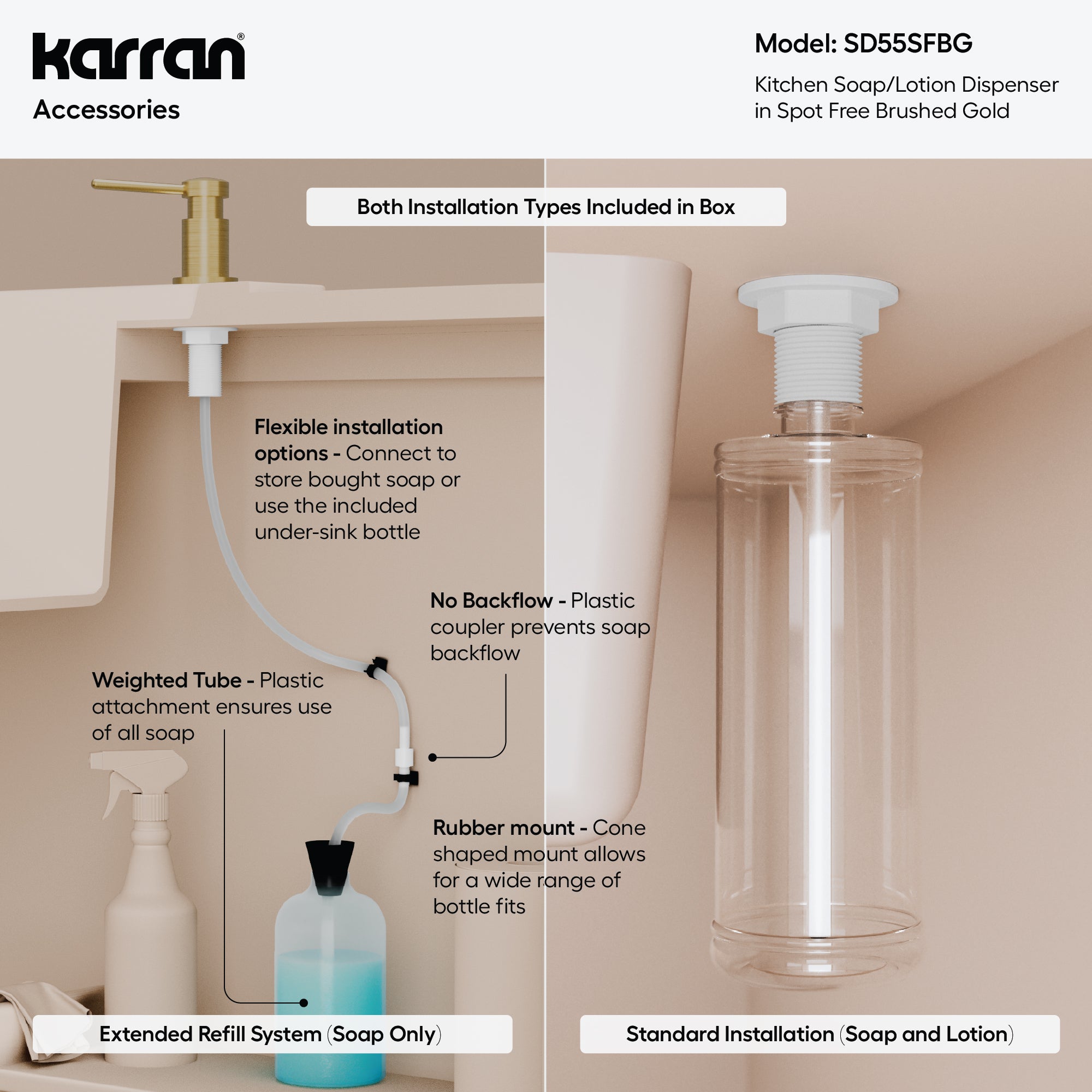 Karran SD55 Kitchen Soap/Lotion Dispenser Spot Free Burshed Gold, Lead-free Brass, Spot Free Brushed Gold, SD55SFBG