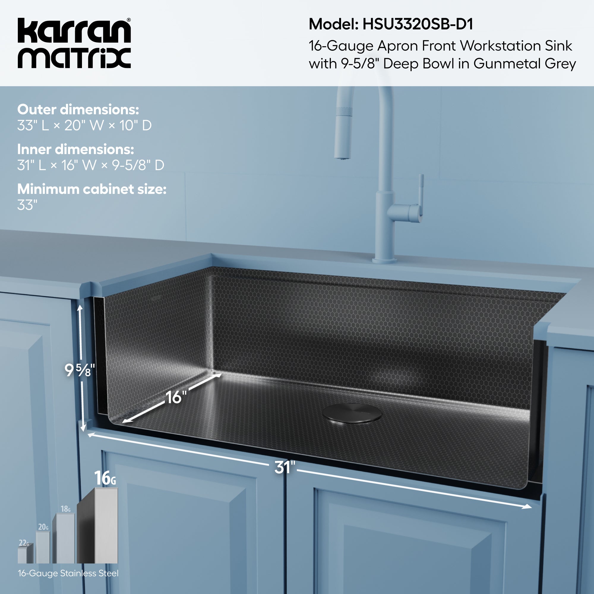 Karran 33 stainless steel workstation farmhouse sink gunmetal grey informational image