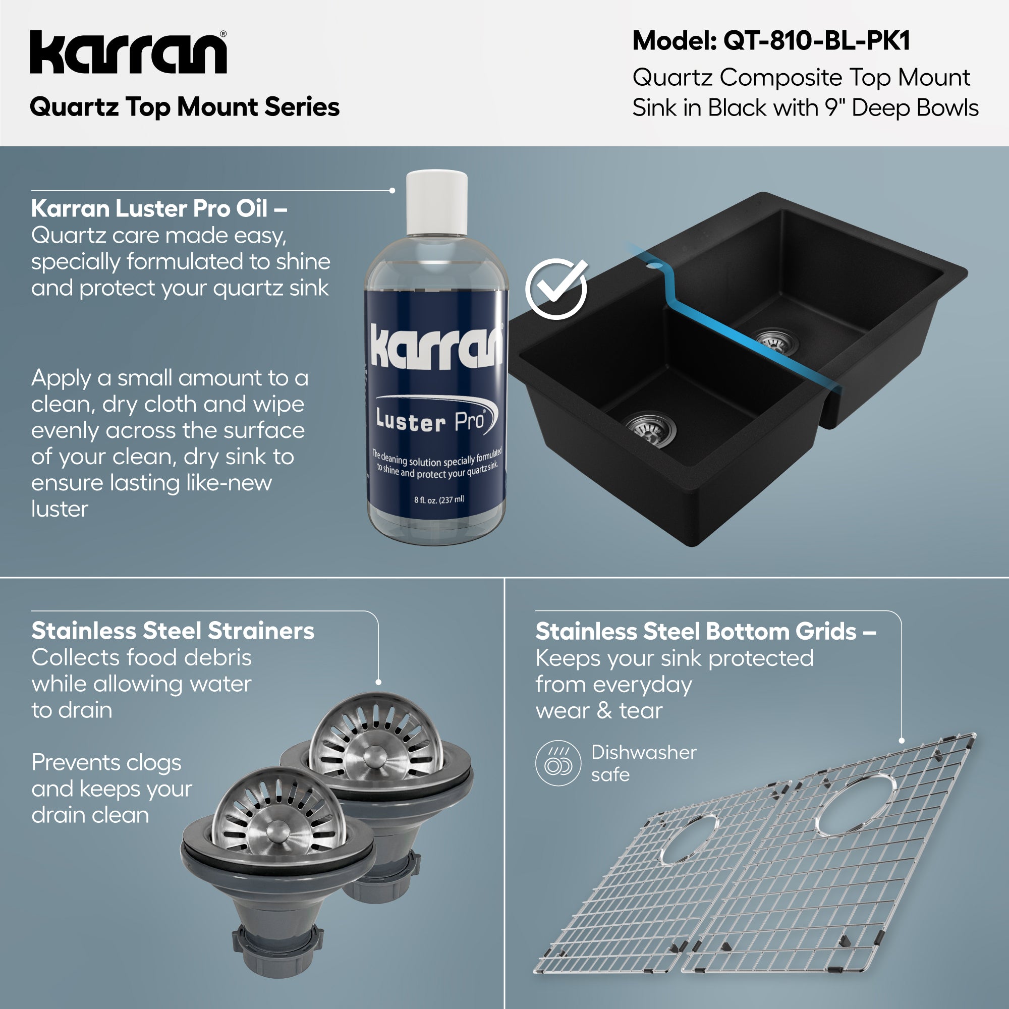 Alternative View of Karran 33" Drop In/Topmount Quartz Composite Kitchen Sink with Accessories, 50/50 Double Bowl, Black, QT-810-BL-PK1