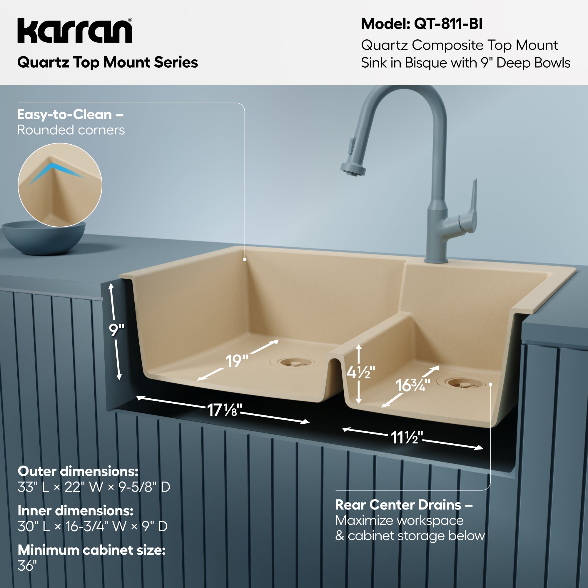 Alternative View of Karran 33" Drop In/Topmount Quartz Composite Kitchen Sink, 60/40 Double Bowl, Bisque, QT-811-BI