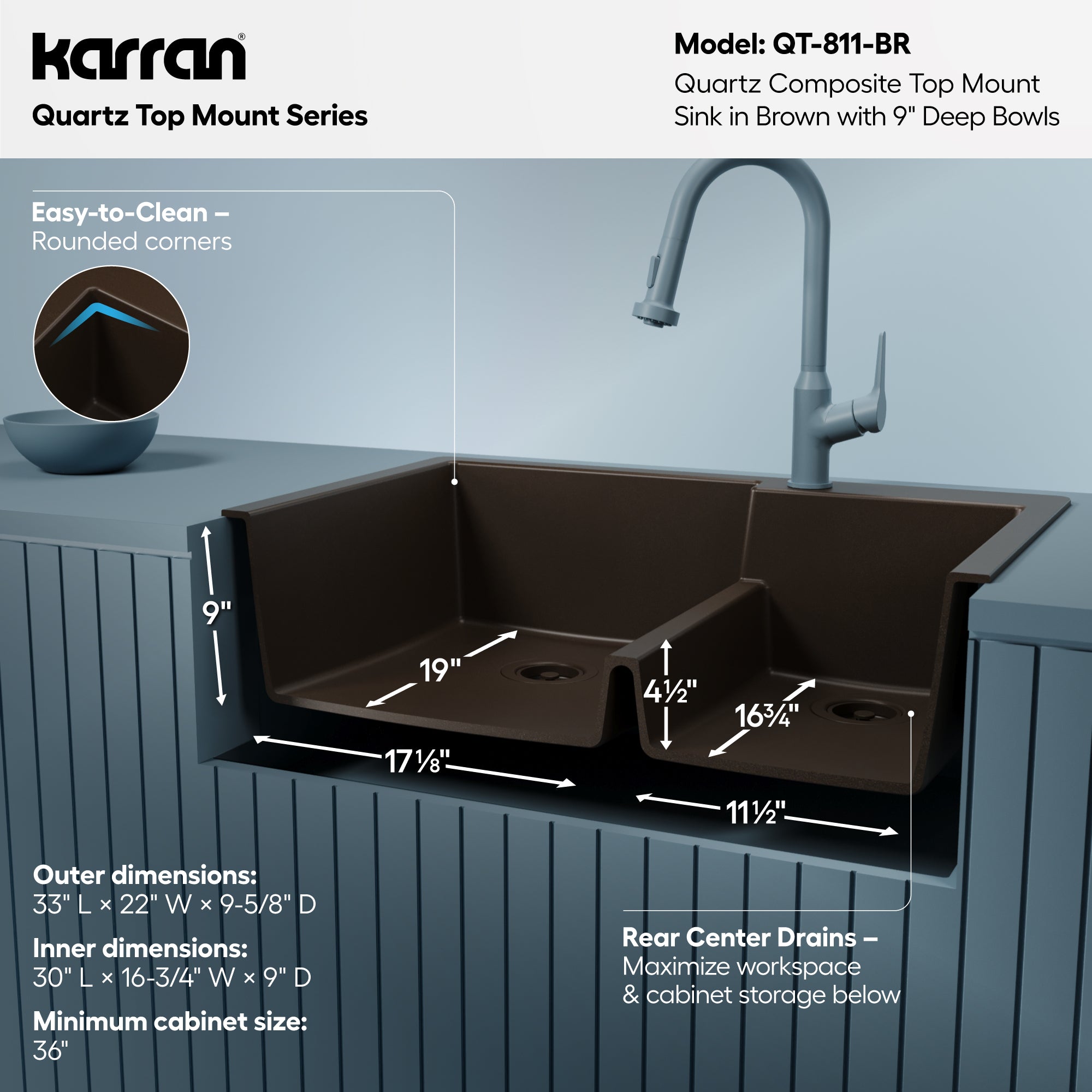 Alternative View of Karran 33" Drop In/Topmount Quartz Composite Kitchen Sink, 60/40 Double Bowl, Brown, QT-811-BR