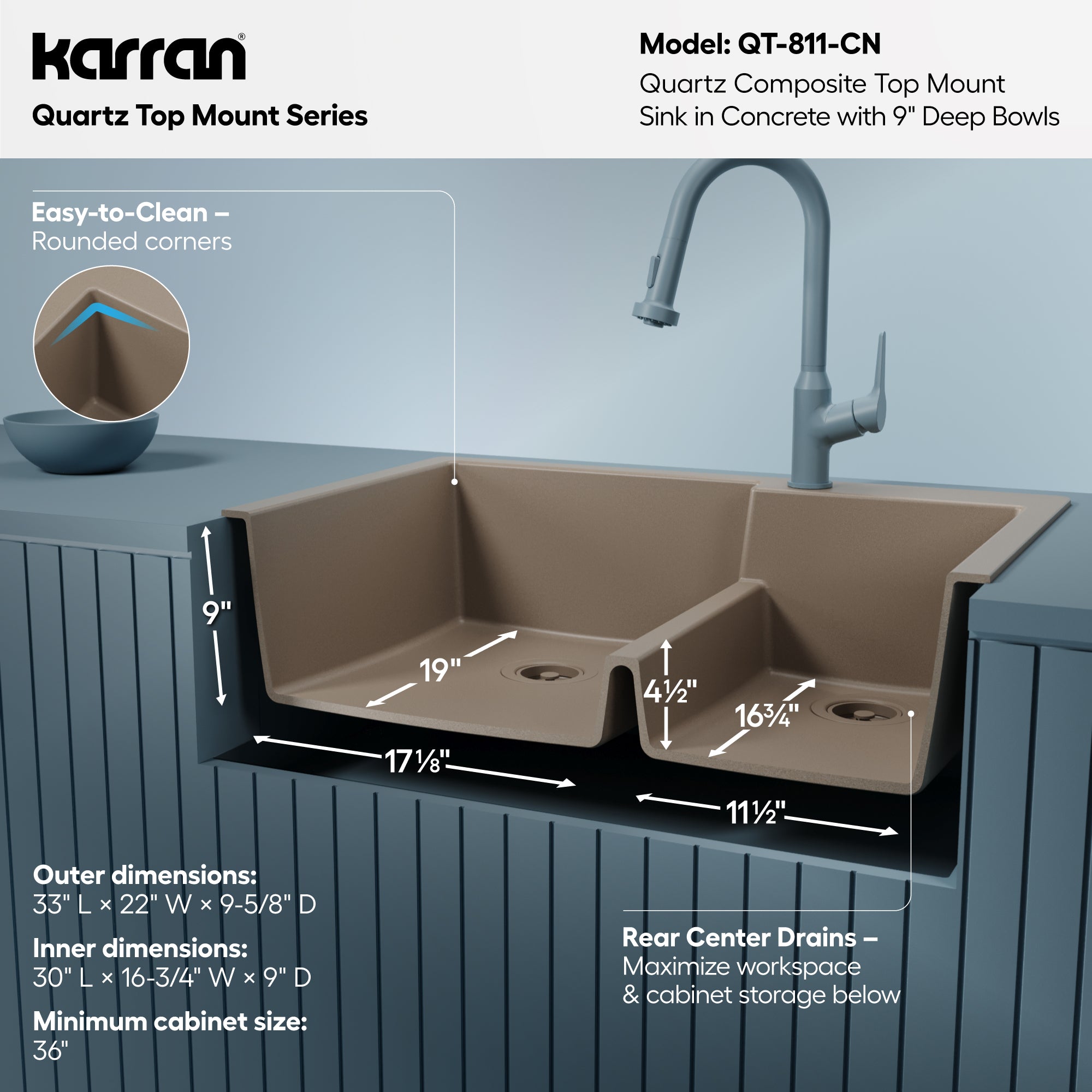 Alternative View of Karran 33" Drop In/Topmount Quartz Composite Kitchen Sink, 60/40 Double Bowl, Concrete, QT-811-CN