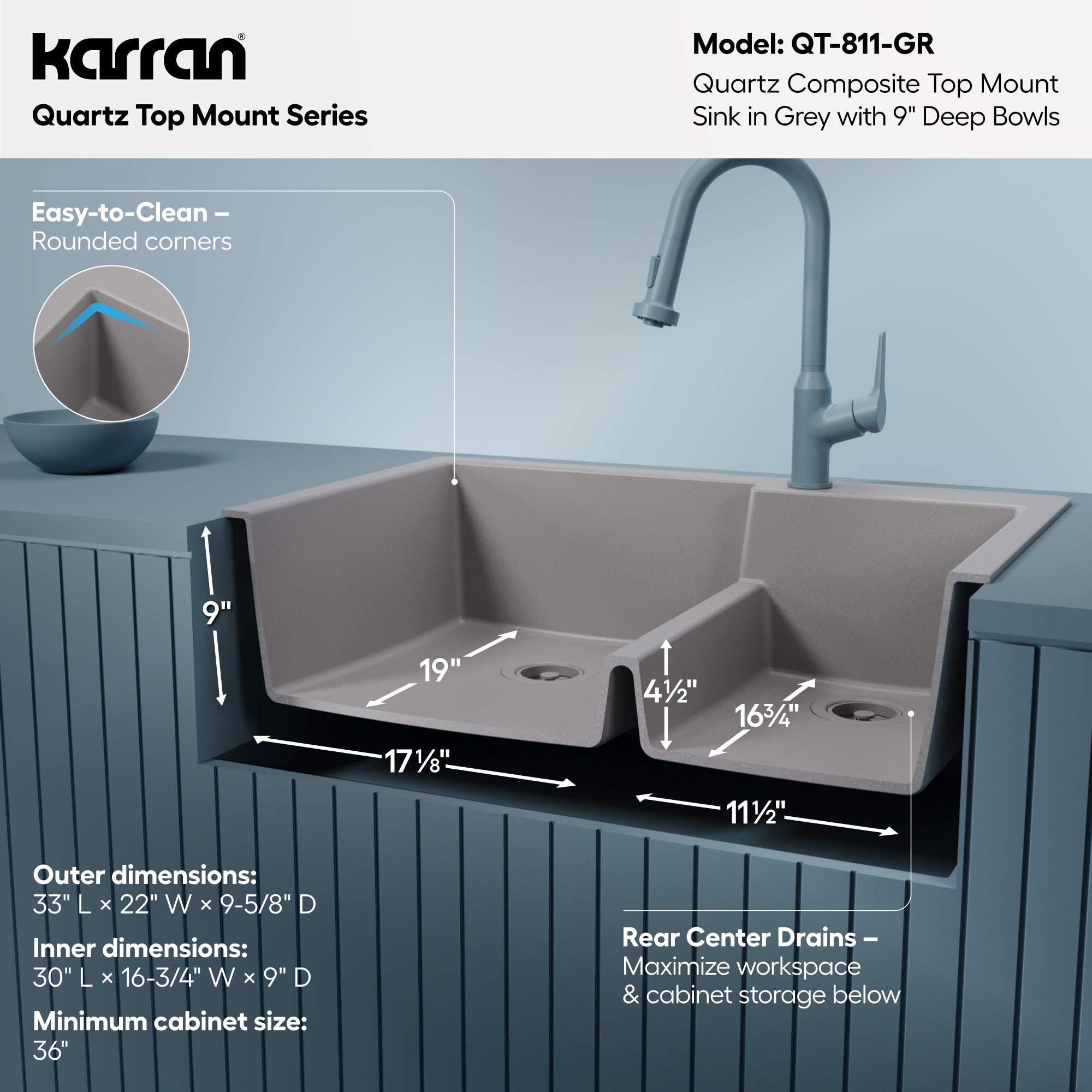 Alternative View of Karran 33" Drop In/Topmount Quartz Composite Kitchen Sink, 60/40 Double Bowl, Grey, QT-811-GR