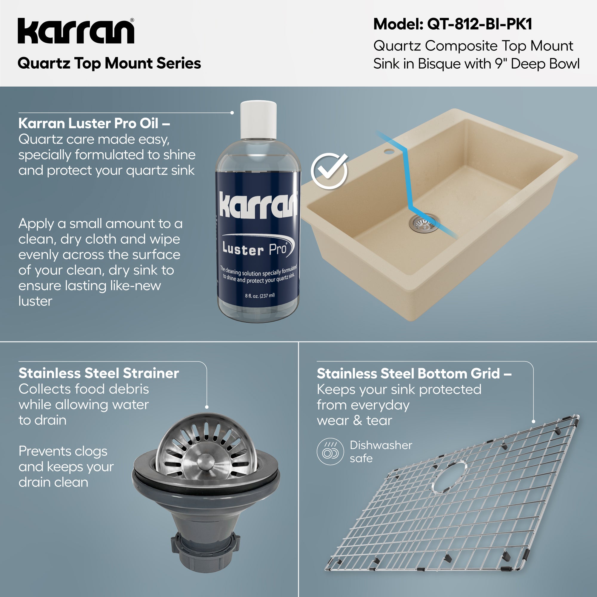 Alternative View of Karran 33" Drop In/Topmount Quartz Composite Kitchen Sink with Accessories, Bisque, QT-812-BI-PK1