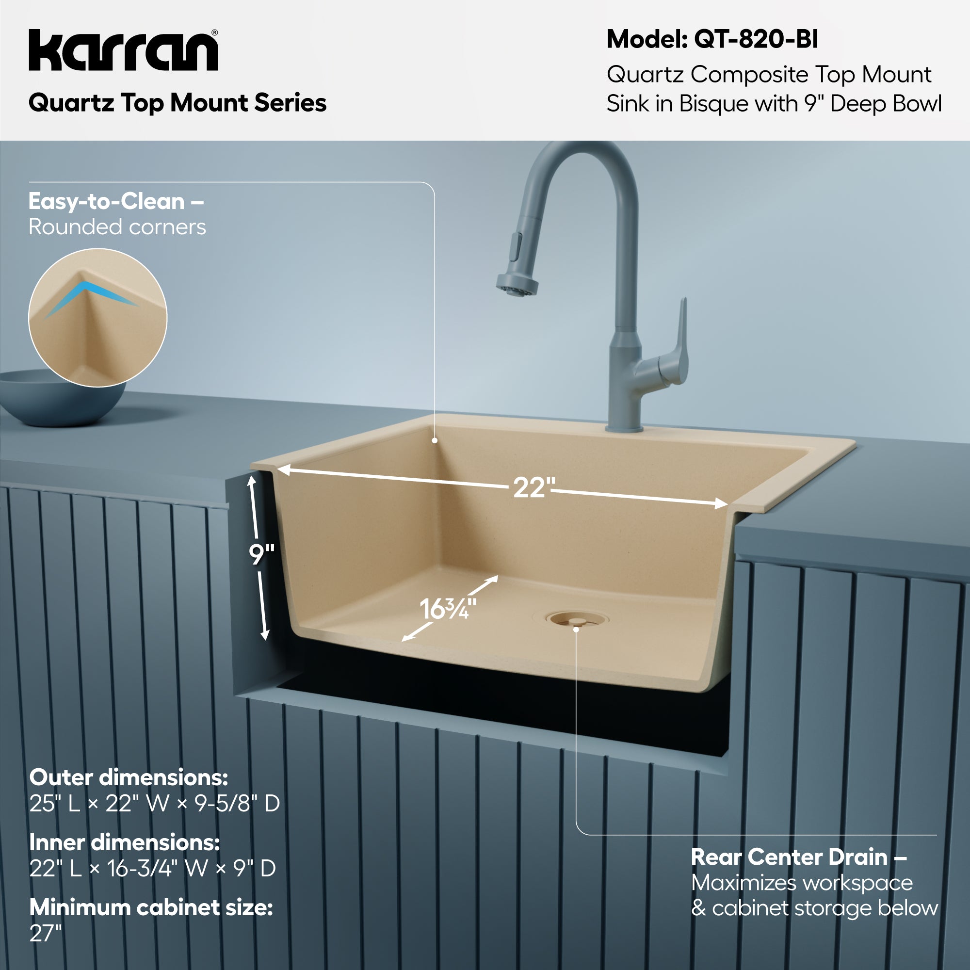 Alternative View of Karran 25" Drop In/Topmount Quartz Composite Kitchen Sink, Bisque, QT-820-BI