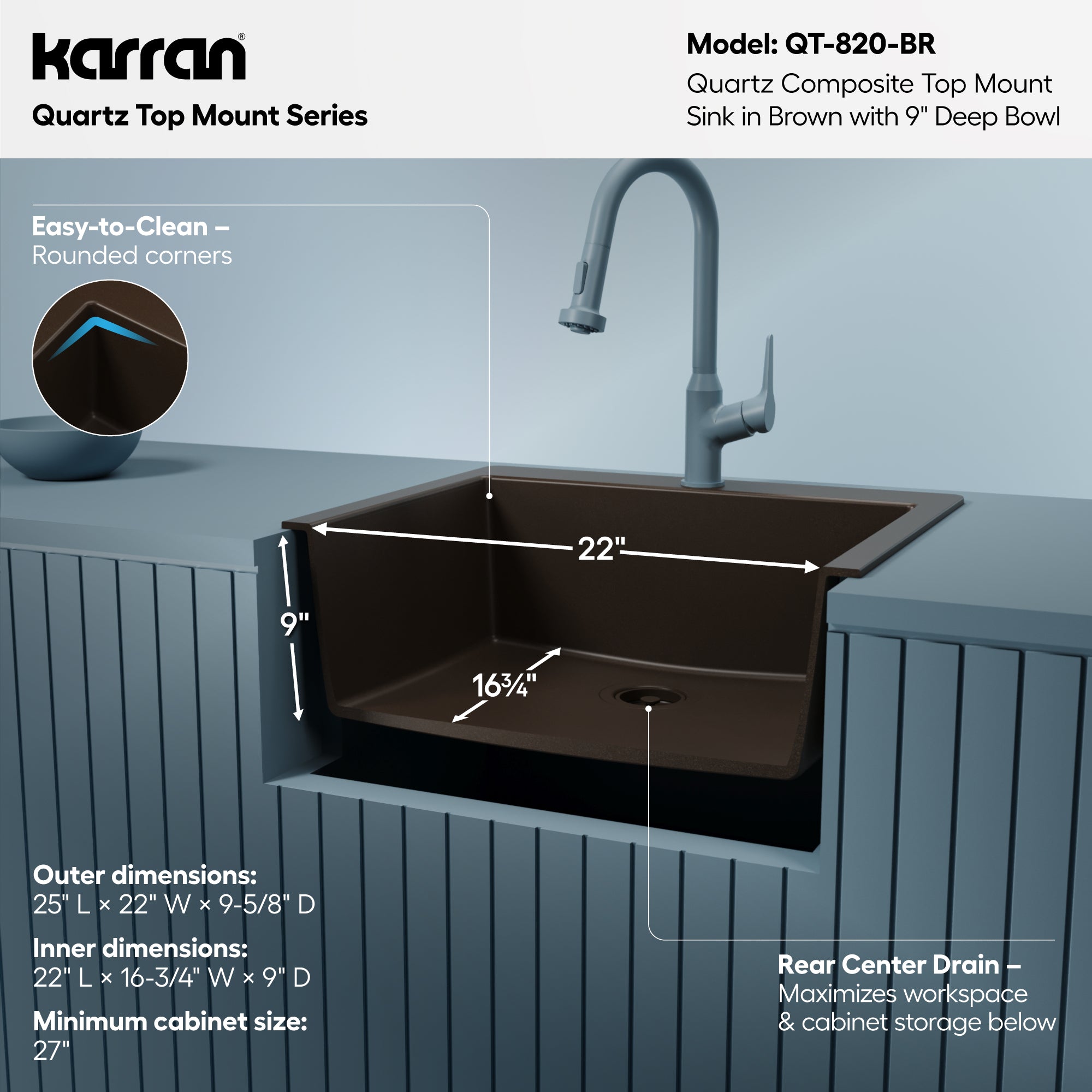 Alternative View of Karran 25" Drop In/Topmount Quartz Composite Kitchen Sink, Brown, QT-820-BR