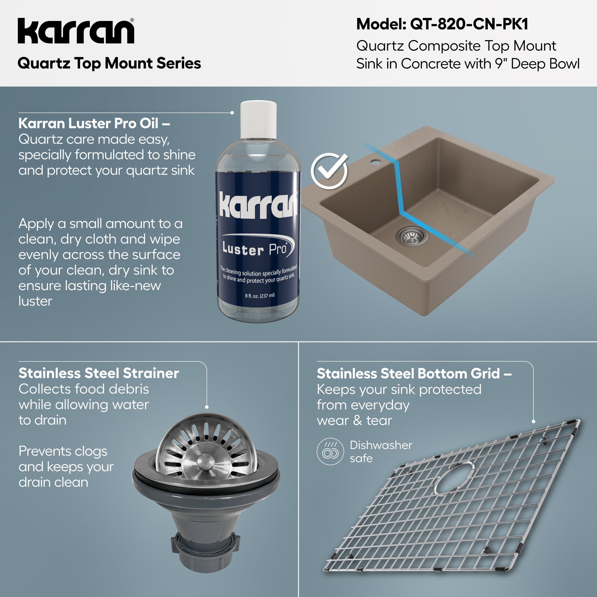 Alternative View of Karran 25" Drop In/Topmount Quartz Composite Kitchen Sink with Accessories, Concrete, QT-820-CN-PK1