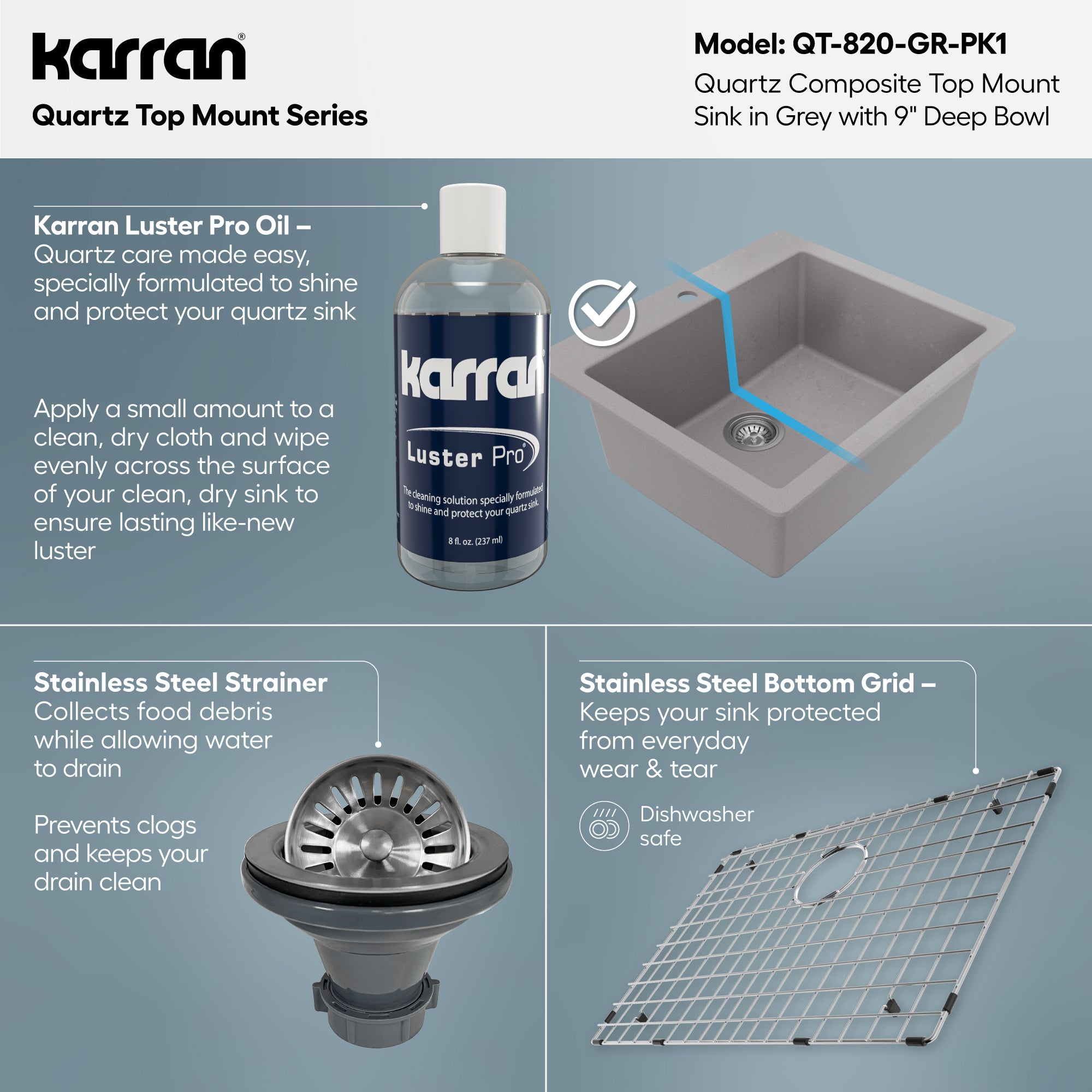 Alternative View of Karran 25" Drop In/Topmount Quartz Composite Kitchen Sink with Accessories, Grey, QT-820-GR-PK1