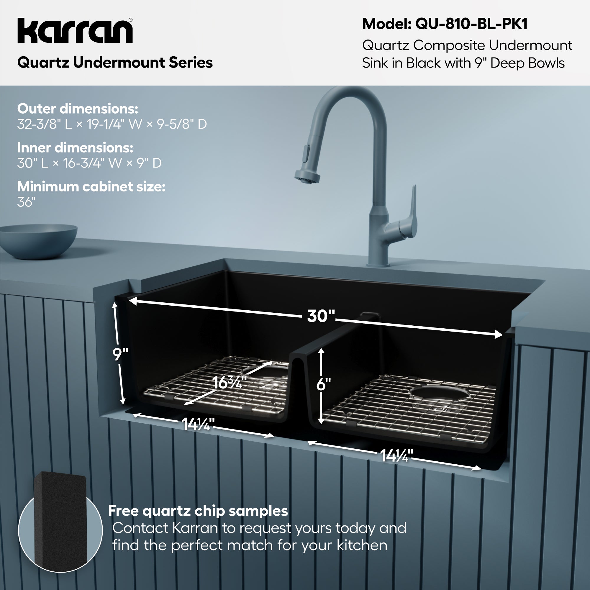 Alternative View of Karran 32" Undermount Quartz Composite Kitchen Sink with Accessories, 50/50 Double Bowl, Black, QU-810-BL-PK1