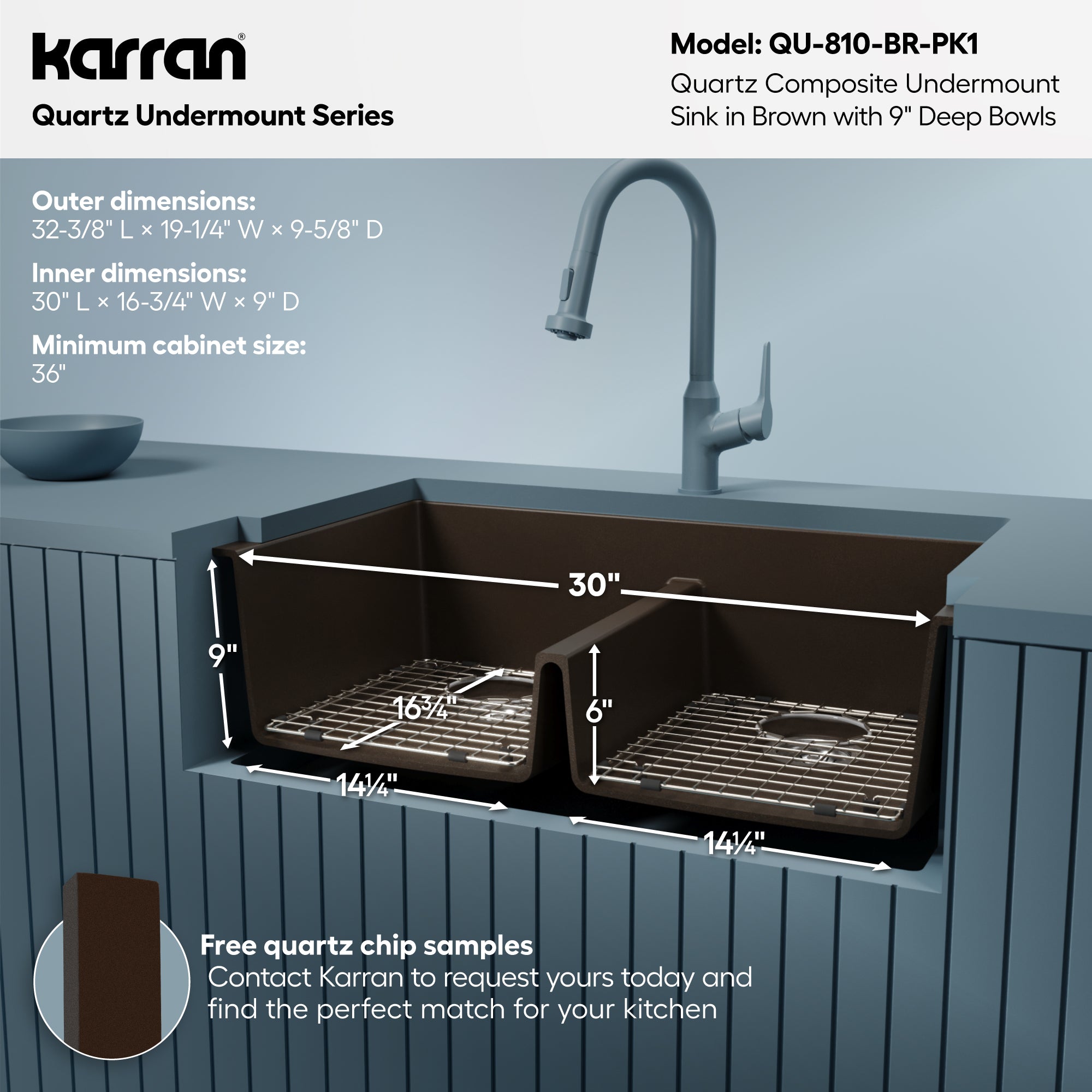 Alternative View of Karran 32" Undermount Quartz Composite Kitchen Sink with Accessories, 50/50 Double Bowl, Brown, QU-810-BR-PK1