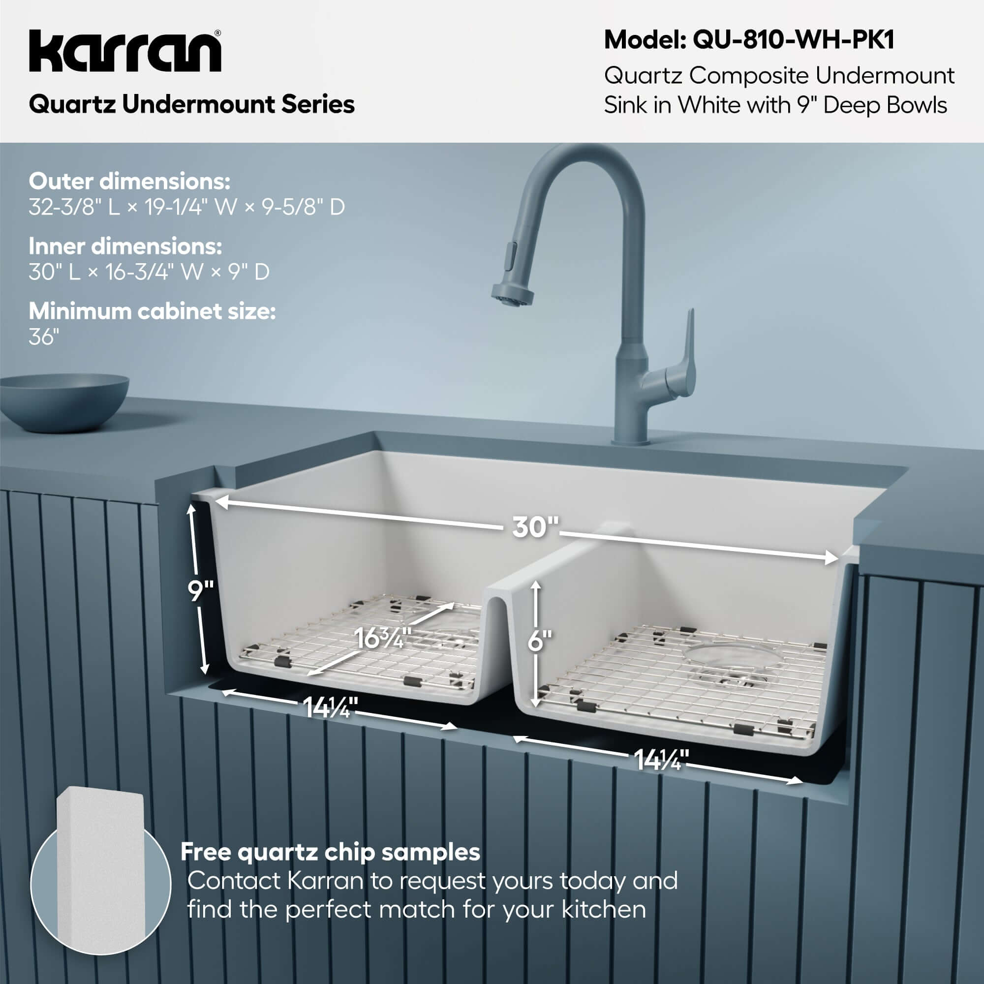 Alternative View of Karran 32" Undermount Quartz Composite Kitchen Sink with Accessories, 50/50 Double Bowl, White, QU-810-WH-PK1